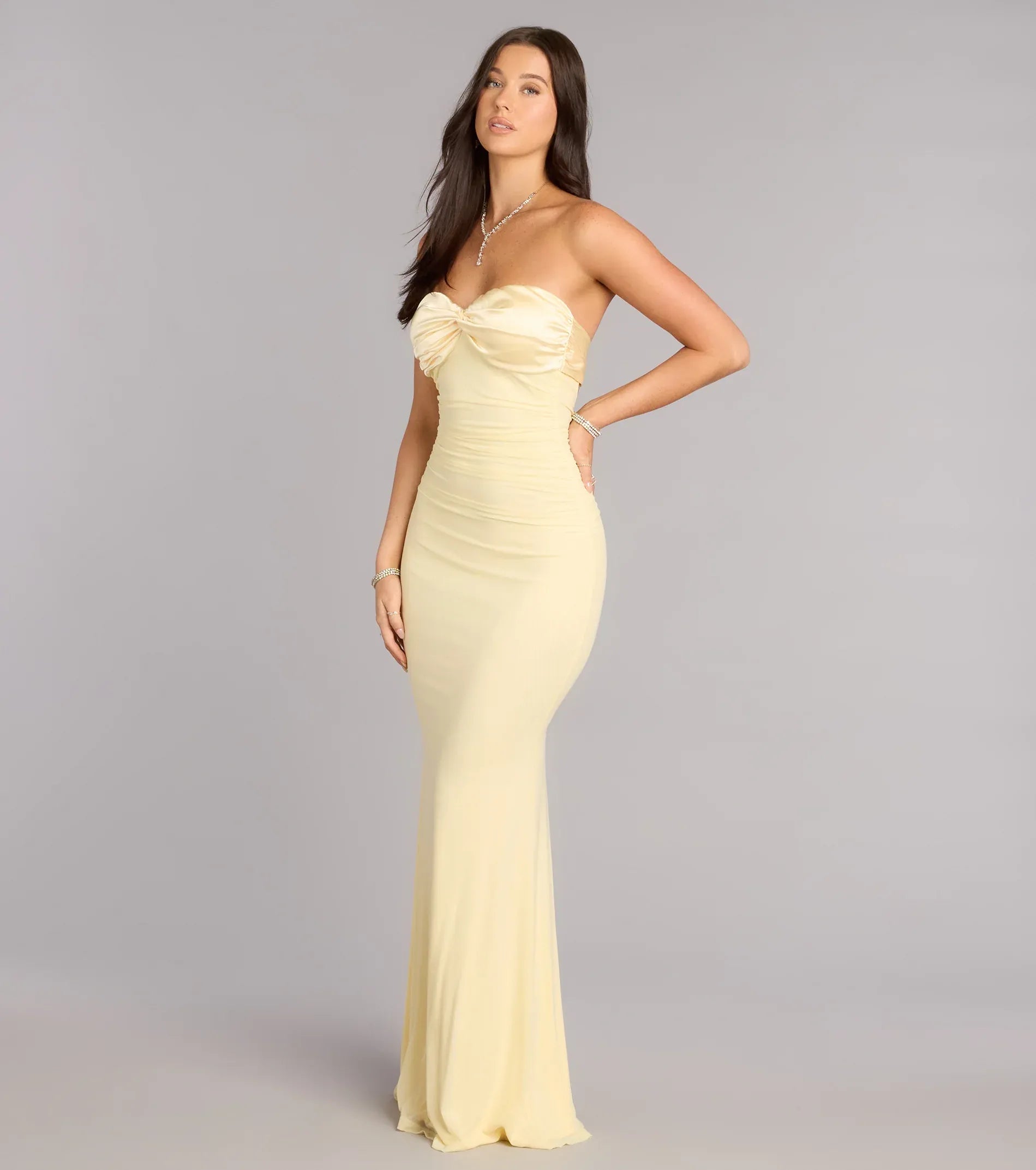 Pale Yellow Strapless Bow Sweetheart Ruched Back Big Bow Mermaid Maxi Wedding Guest Dress
