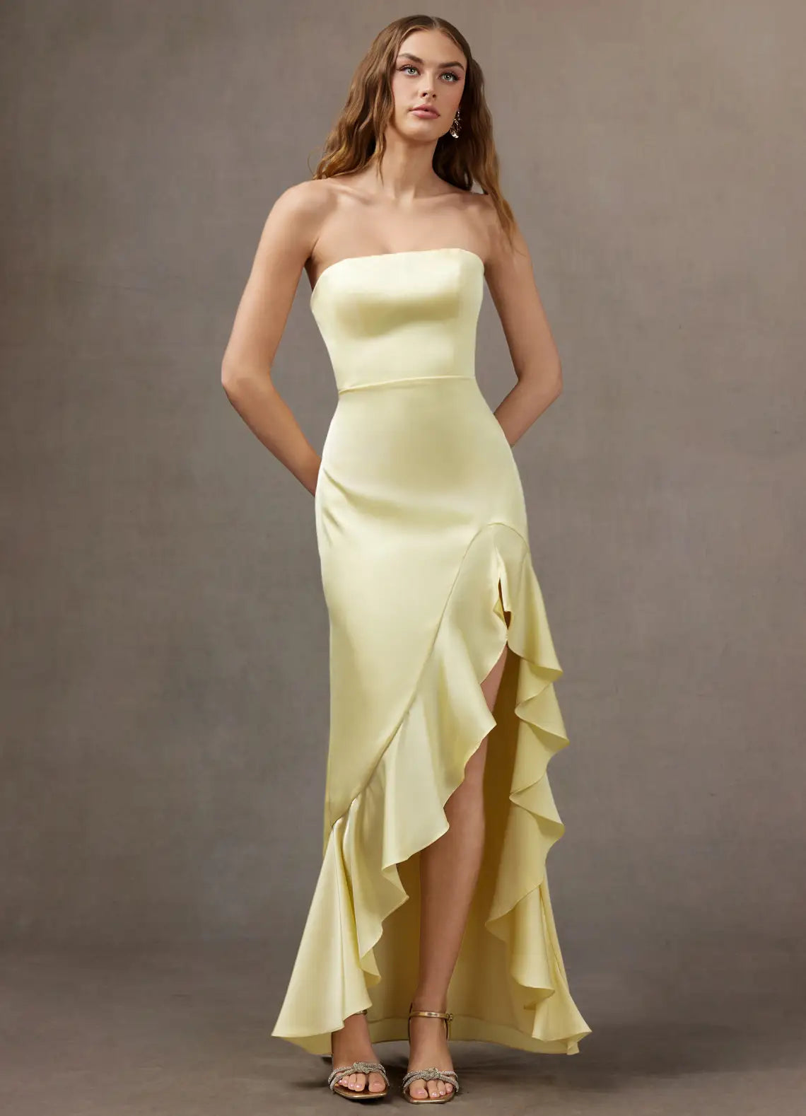Pale Yellow Strapless Convertible Neck Ruffle Slit Satin Mermaid Maxi Bridesmaid Dress