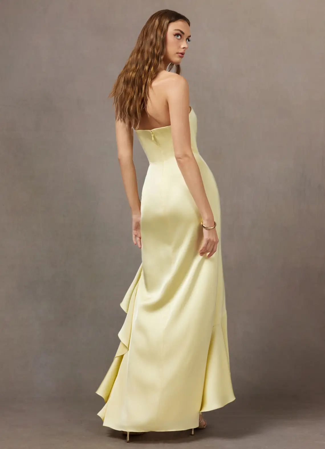 Pale Yellow Strapless Convertible Neck Ruffle Slit Satin Mermaid Maxi Bridesmaid Dress