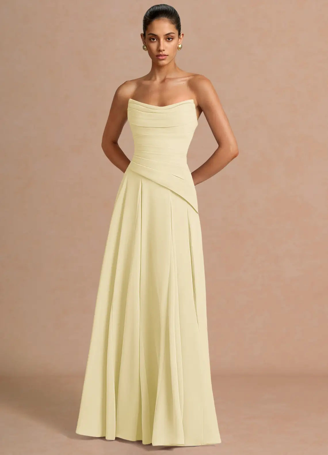 Pale Yellow Strapless Cowl Neck Sash Lace Up Back A-Line Maxi Wedding Guest Dress
