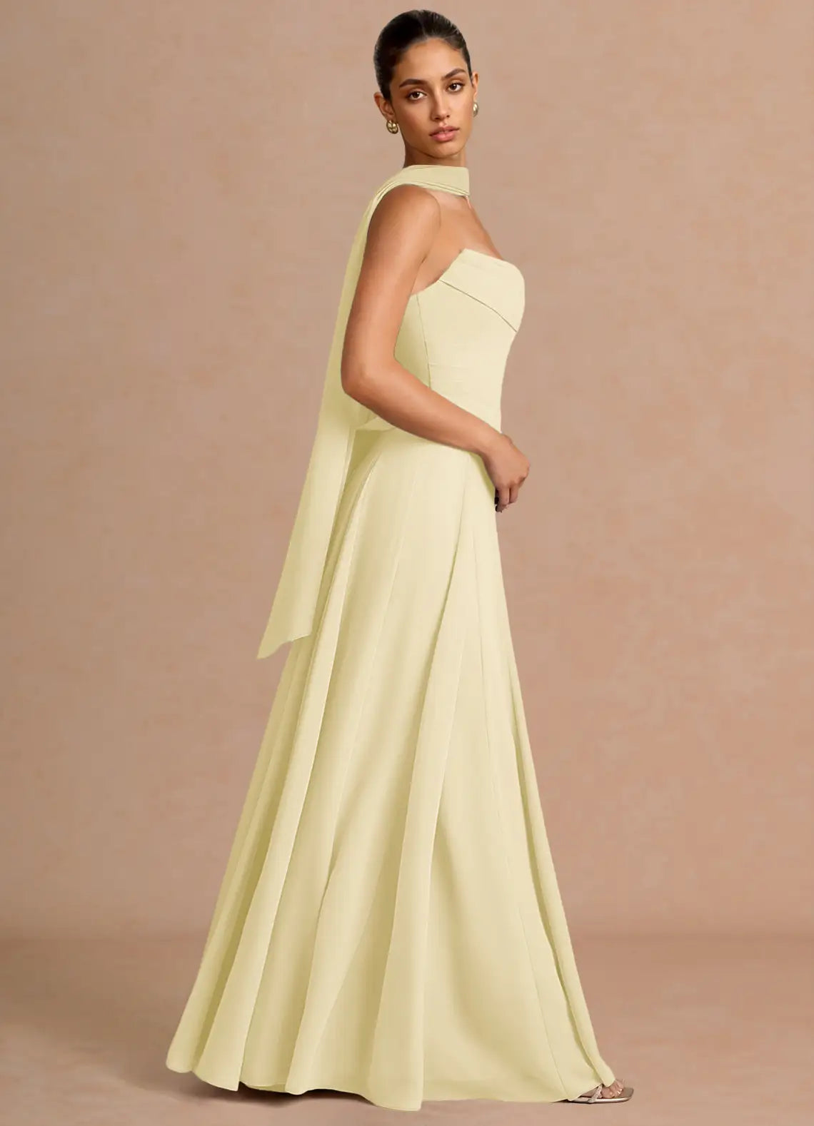 Pale Yellow Strapless Cowl Neck Sash Lace Up Back A-Line Maxi Wedding Guest Dress