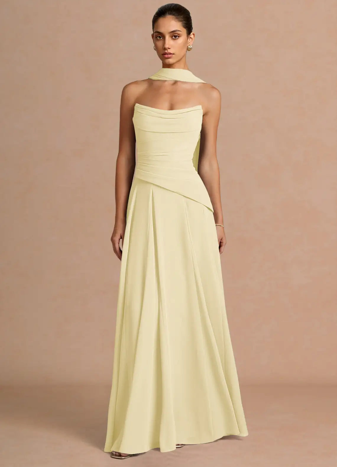 Pale Yellow Strapless Cowl Neck Sash Lace Up Back A-Line Maxi Wedding Guest Dress