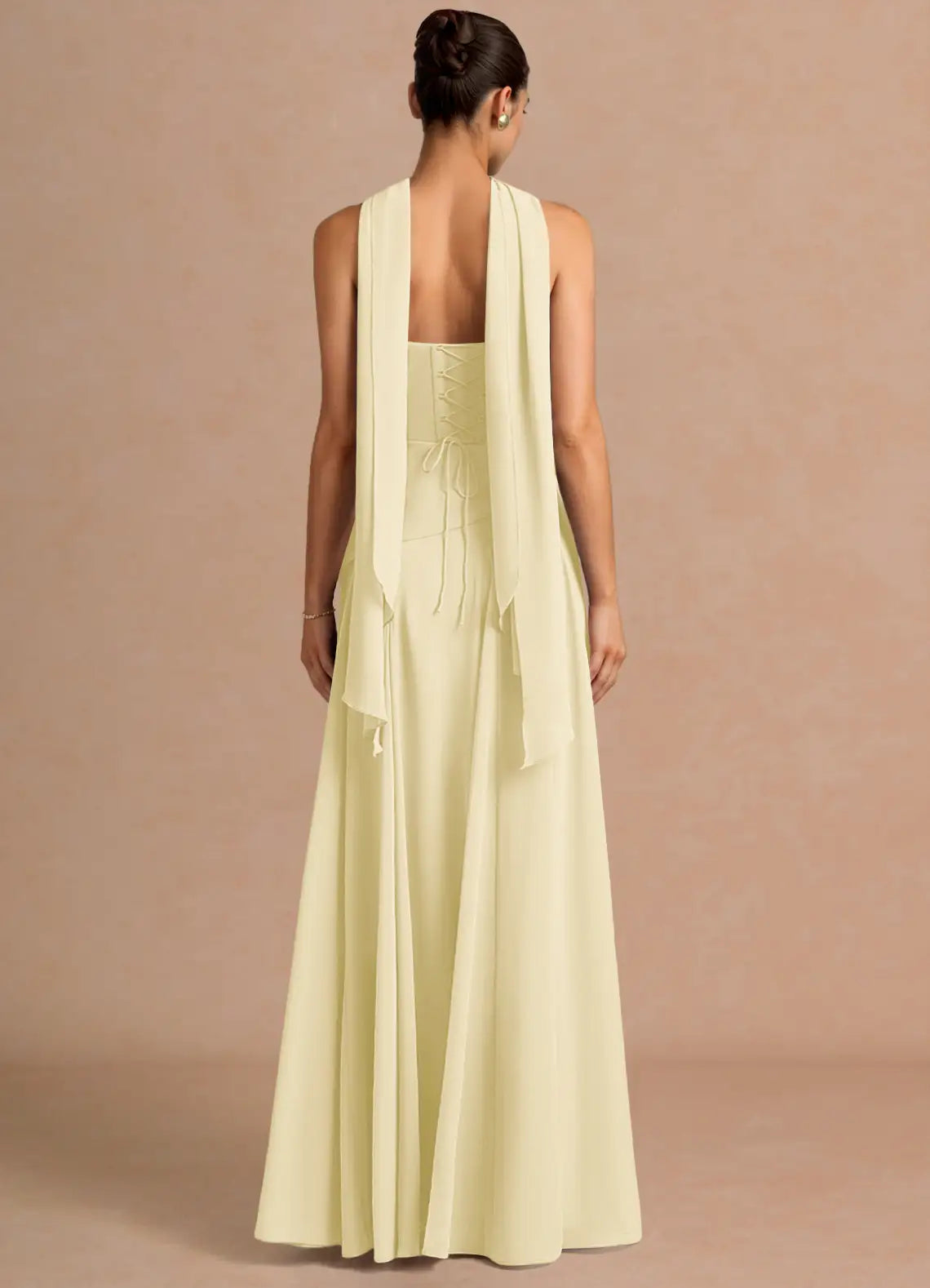 Pale Yellow Strapless Cowl Neck Sash Lace Up Back A-Line Maxi Wedding Guest Dress