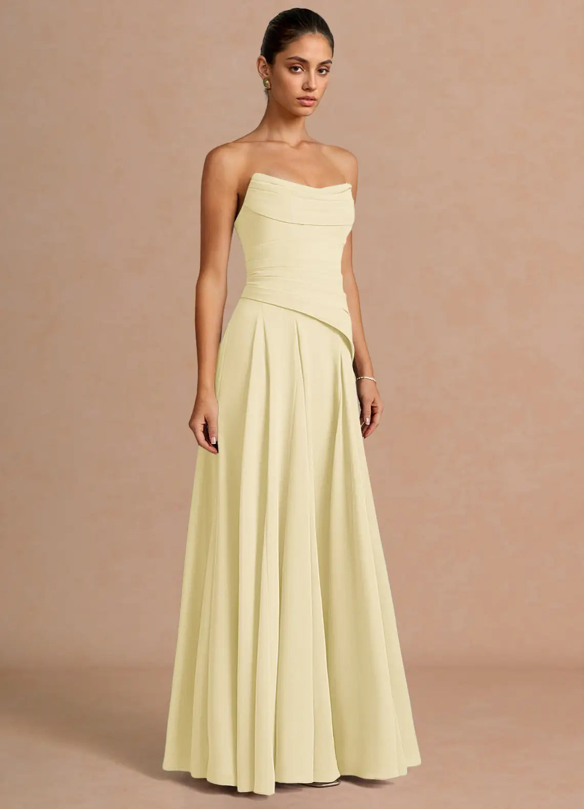Pale Yellow Strapless Cowl Neck Sash Lace Up Back A-Line Maxi Wedding Guest Dress