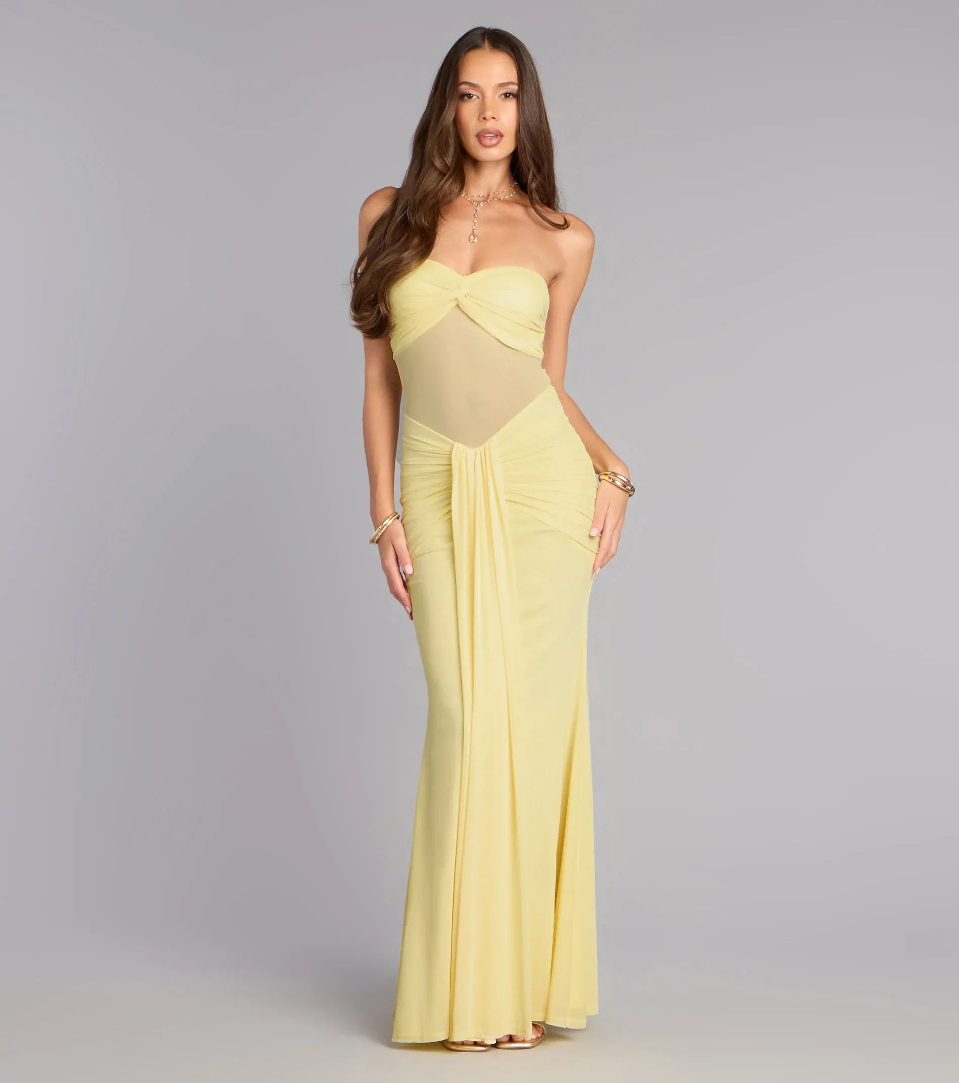 Pale Yellow Strapless Mesh Cutout Ruched Mermaid Maxi Wedding Guest Dress