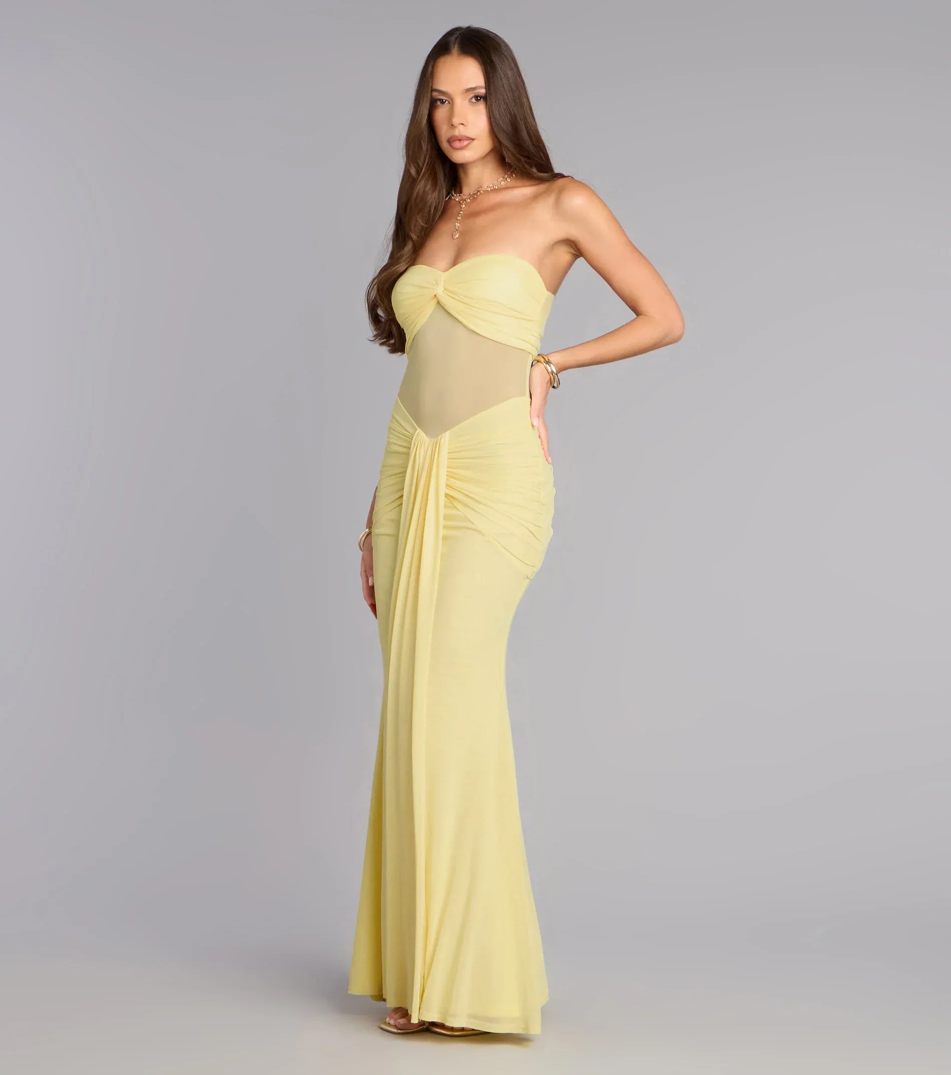Pale Yellow Strapless Mesh Cutout Ruched Mermaid Maxi Wedding Guest Dress