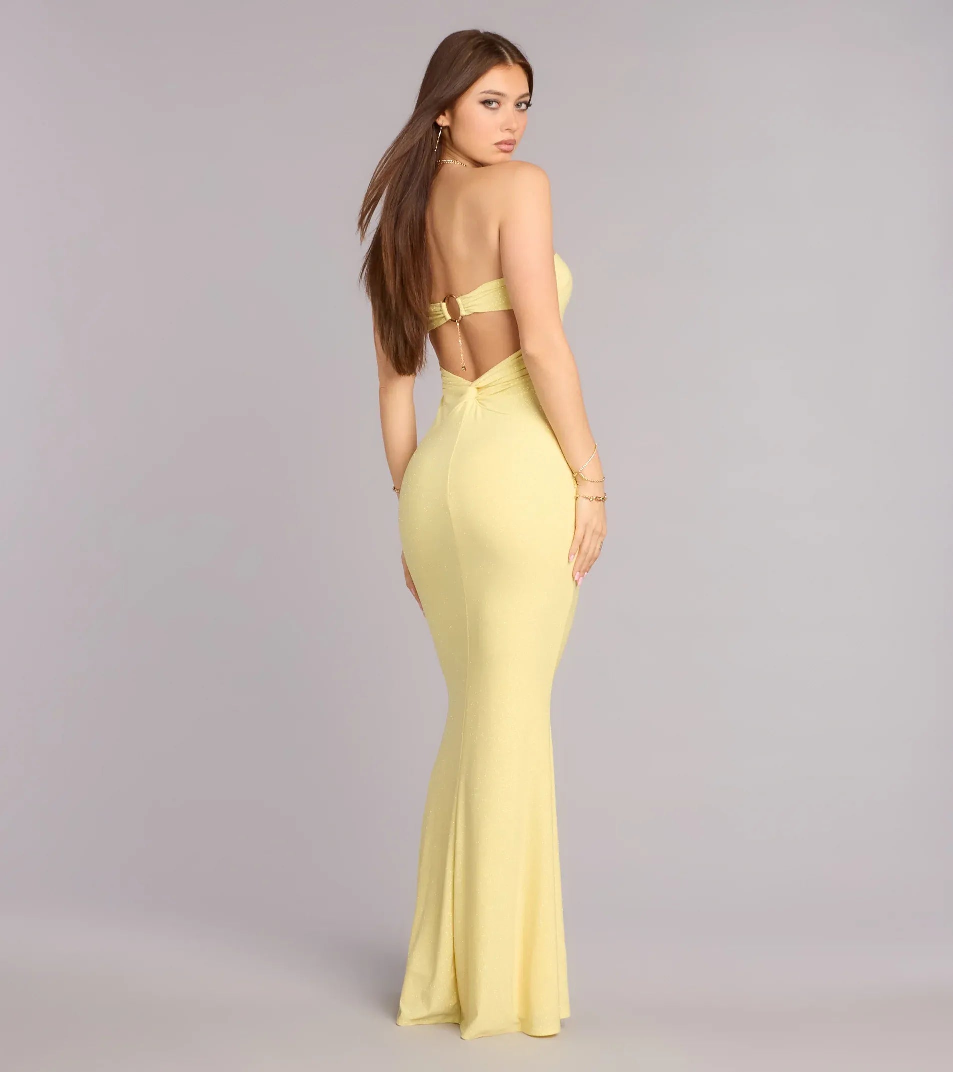 Pale Yellow Strapless Metal Ring Cutout Back Twisted Glitter Mermaid Maxi Wedding Guest Dress