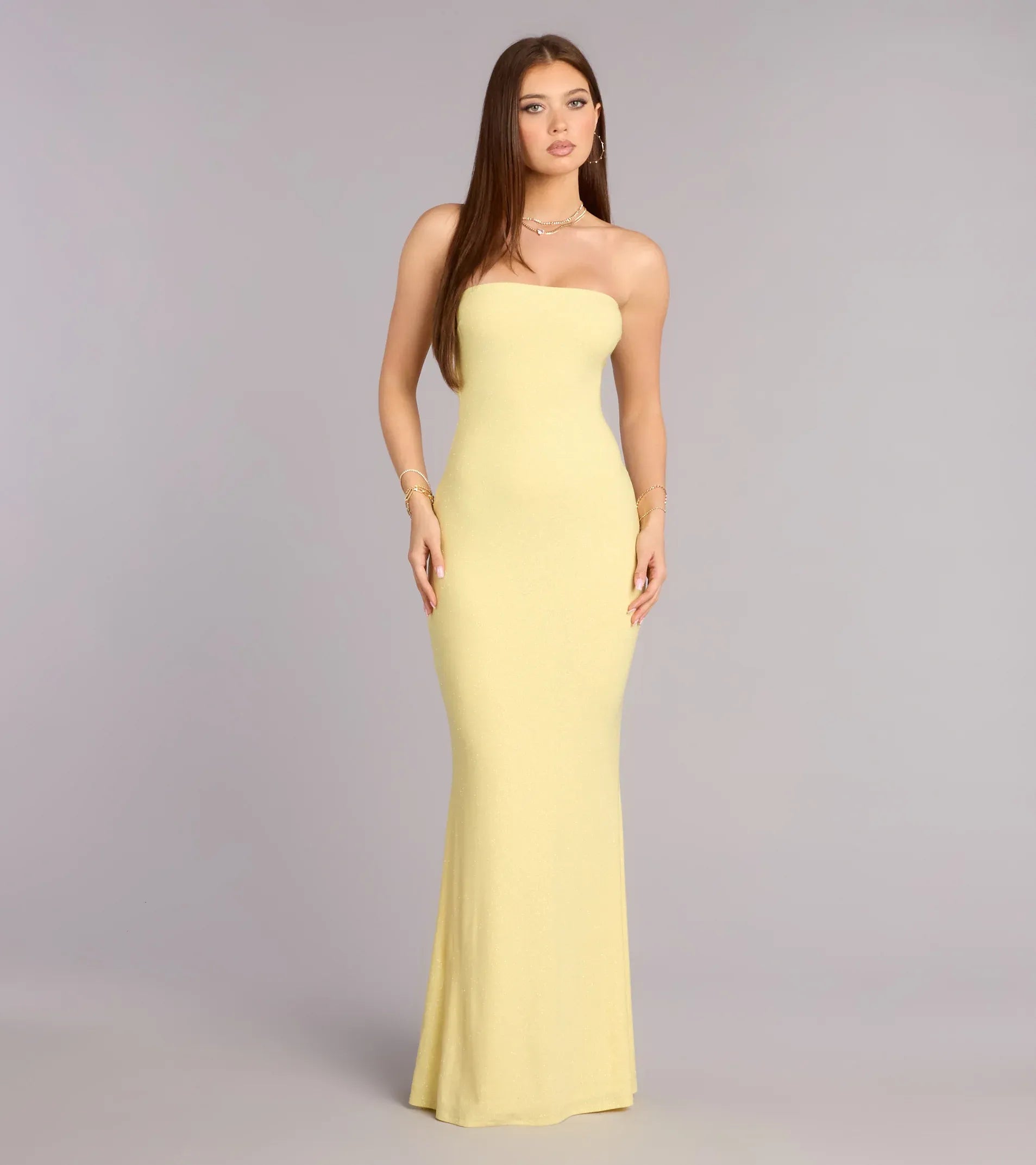 Pale Yellow Strapless Metal Ring Cutout Back Twisted Glitter Mermaid Maxi Wedding Guest Dress