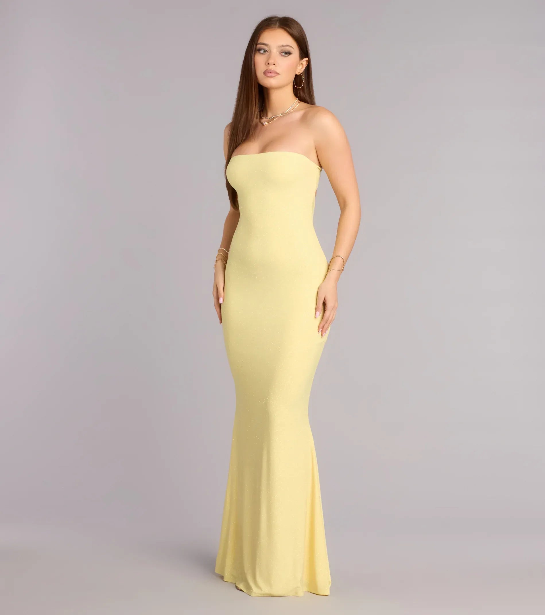 Pale Yellow Strapless Metal Ring Cutout Back Twisted Glitter Mermaid Maxi Wedding Guest Dress