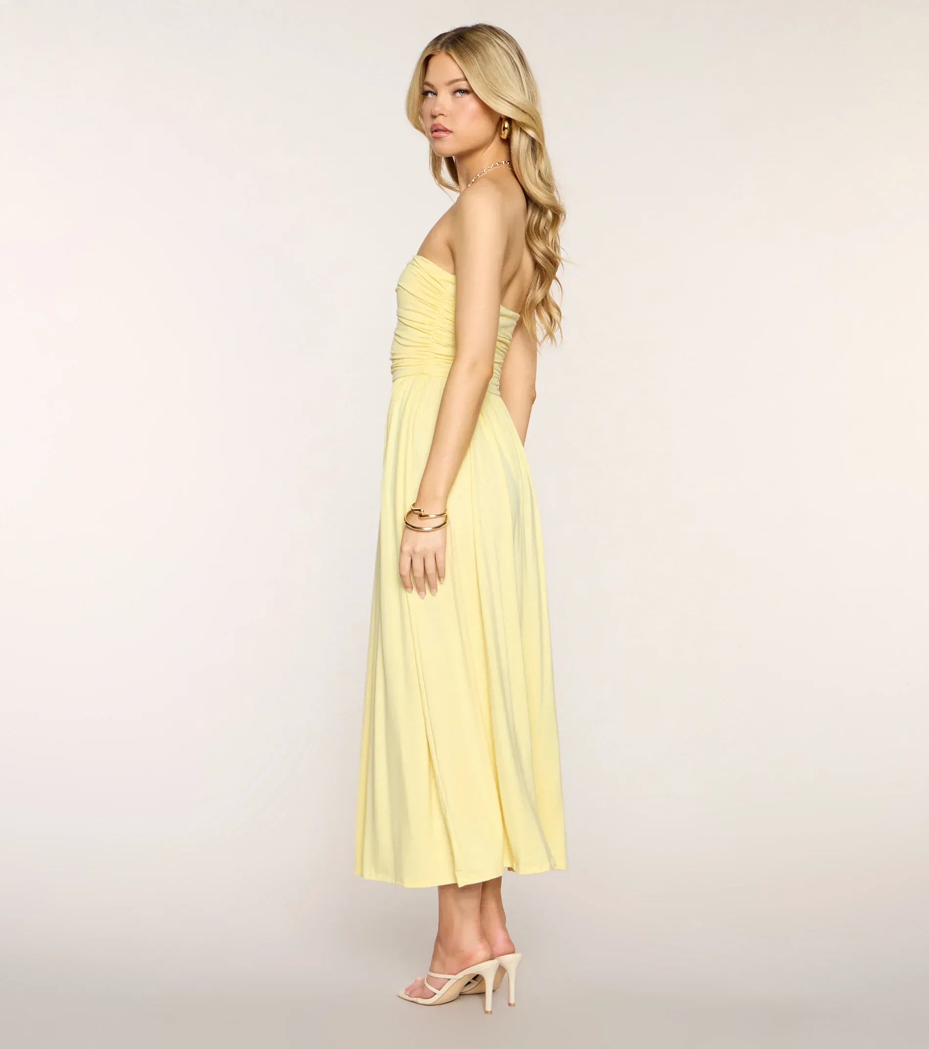Pale Yellow Strapless Ruched Waist Flowy A-Line Midi Wedding Guest Dress
