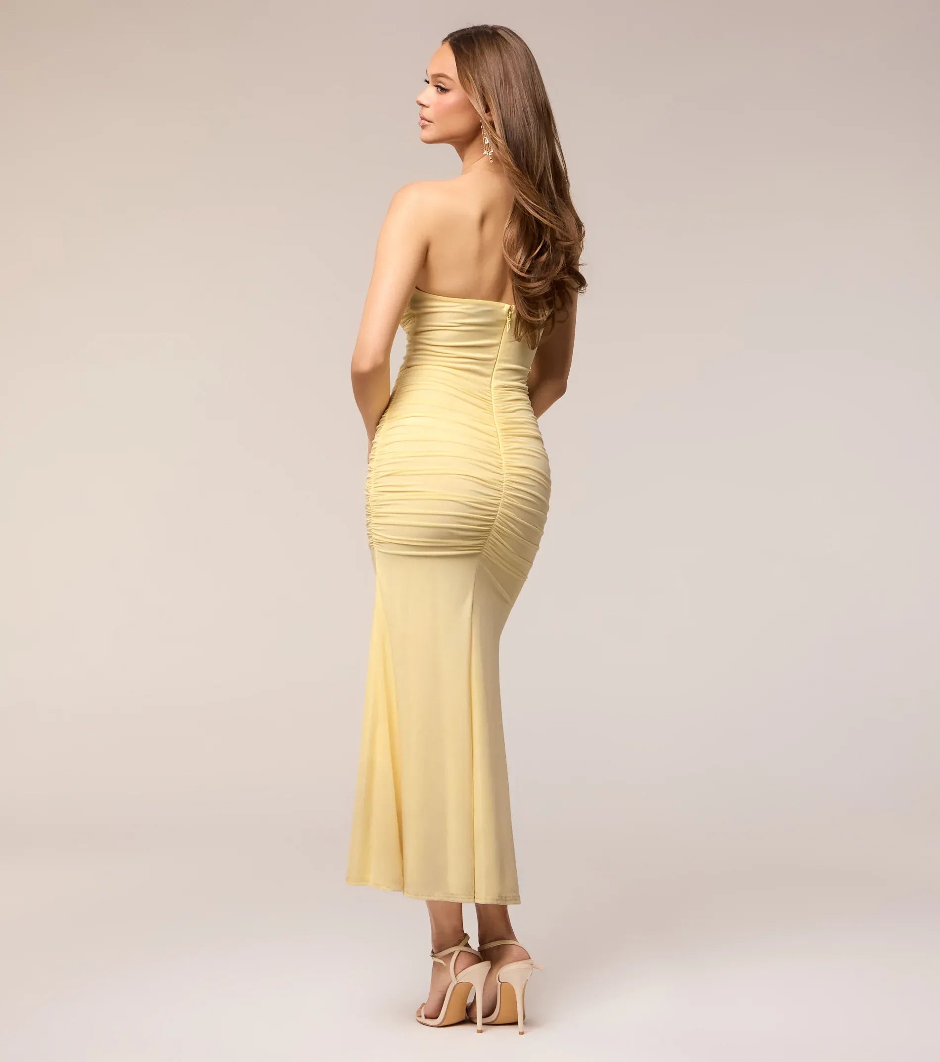 Pale Yellow Strapless Sweetheart Ruched Ruffle Slit Midi Bodycon Party Dress