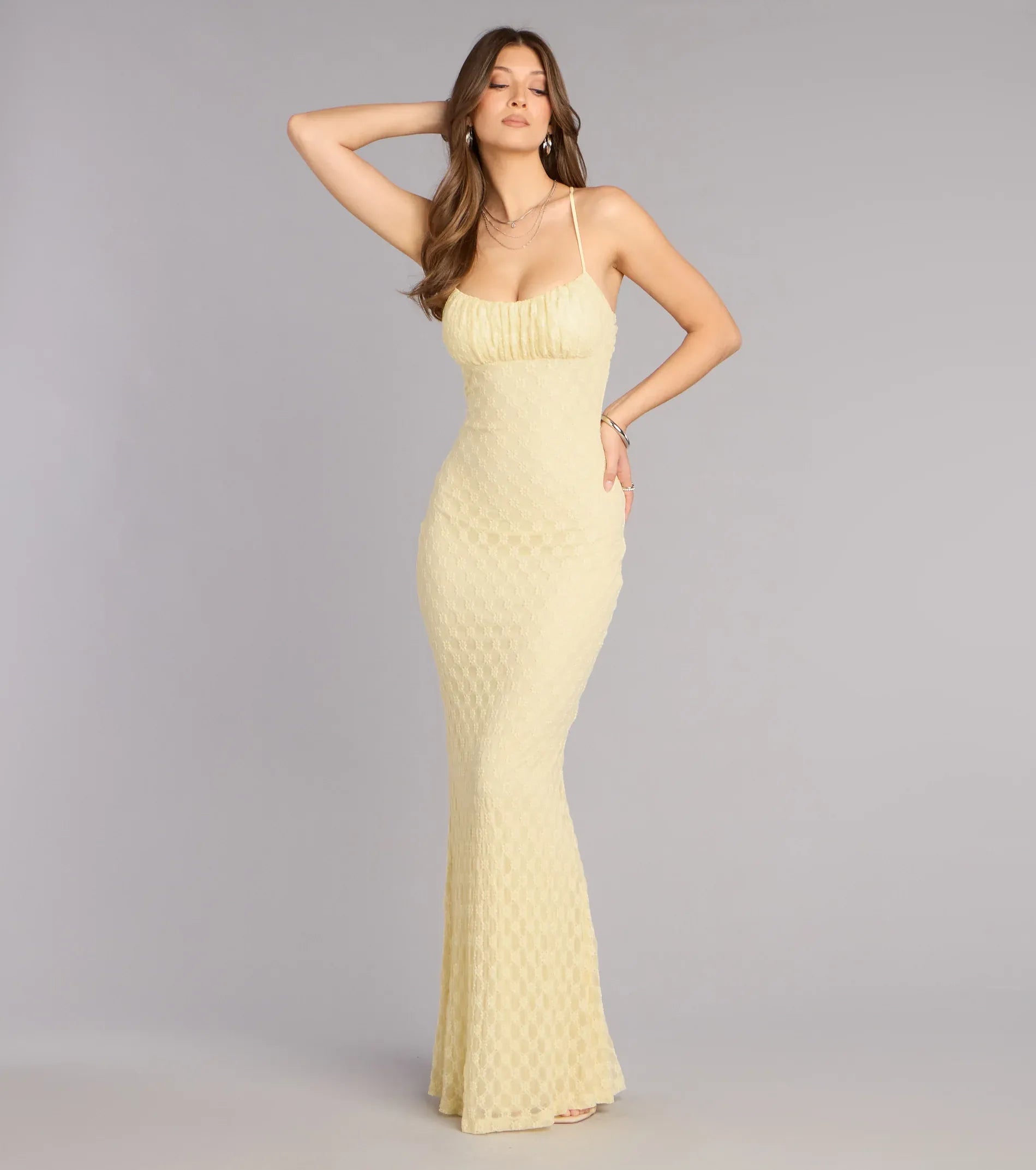 Pale Yellow Thin Spaghetti Strap Ruched Square Tie Back Floral Mesh Mermaid Maxi Wedding Guest Dress
