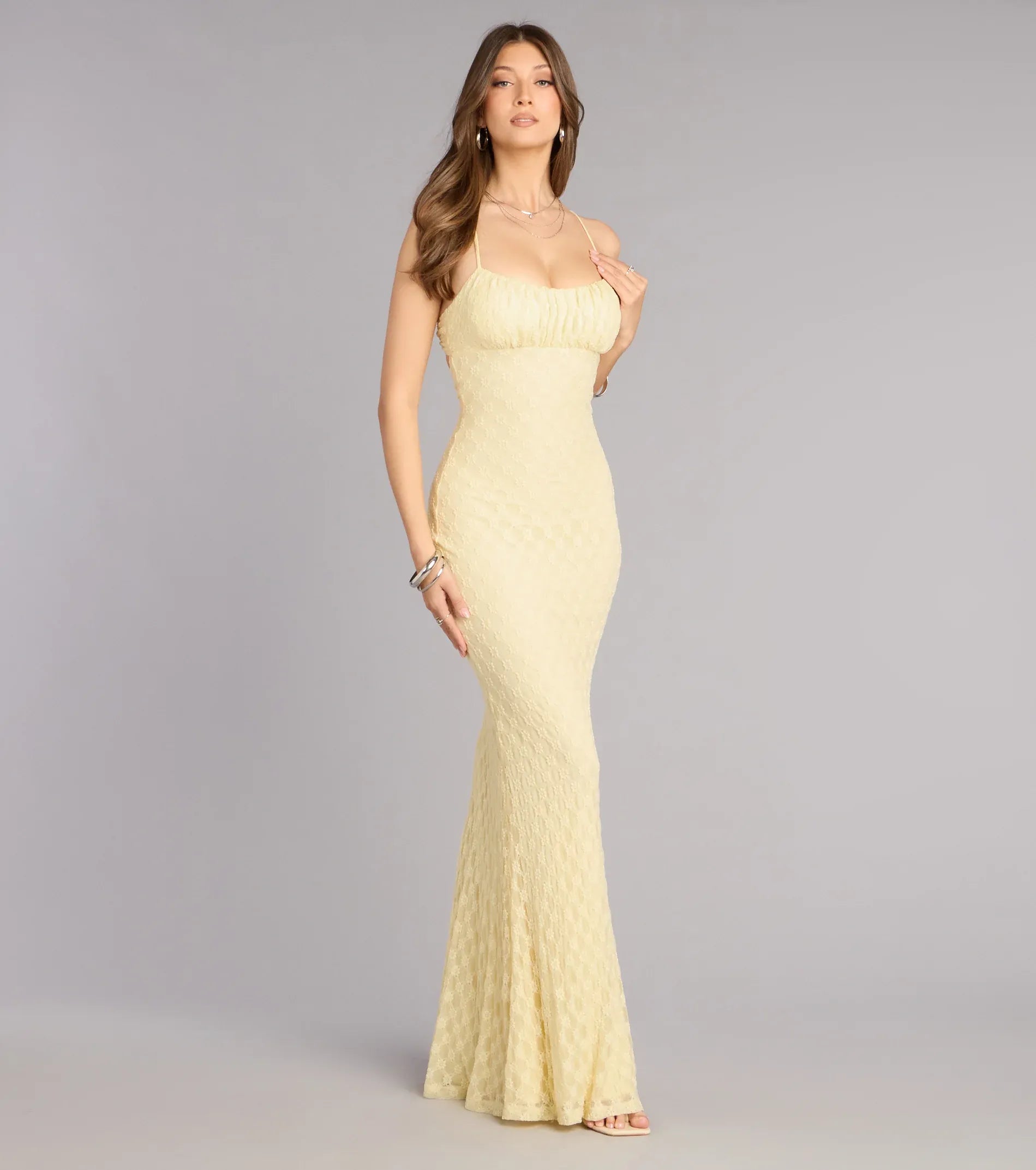 Pale Yellow Thin Spaghetti Strap Ruched Square Tie Back Floral Mesh Mermaid Maxi Wedding Guest Dress