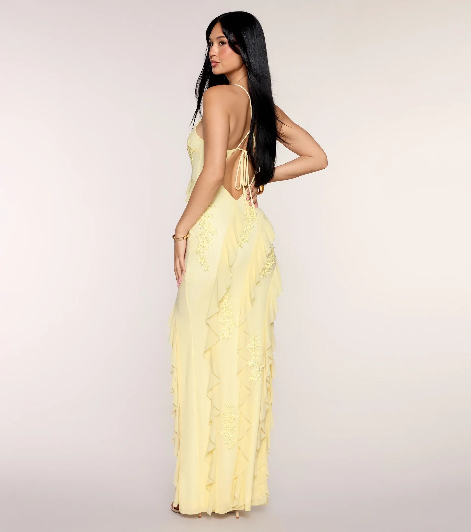 Pale Yellow Thin Spaghetti Strap Ruffle Floral Applique Tie Back High Slit Chiffon Maxi Wedding Guest Dress
