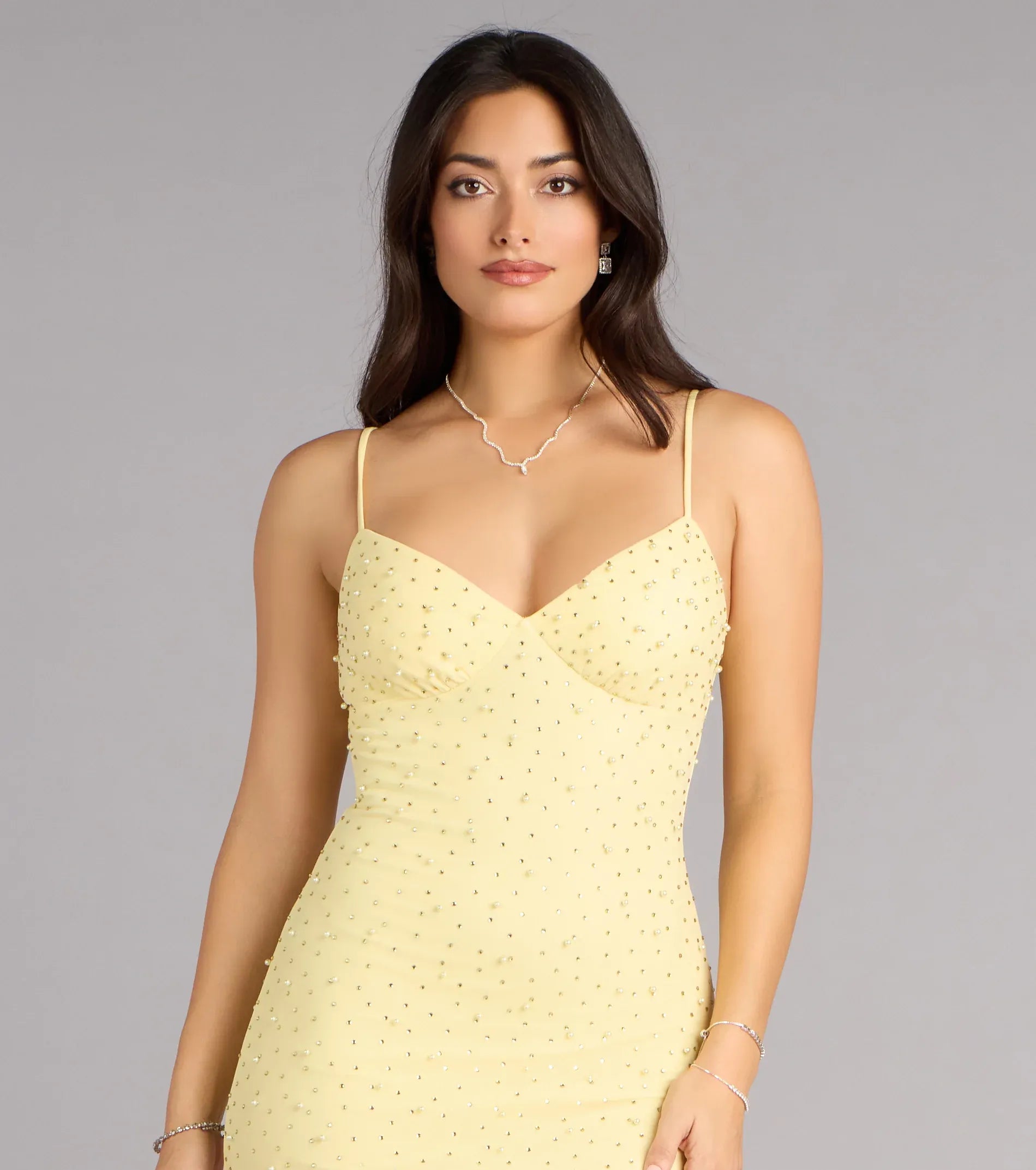 Pale Yellow Thin Spaghetti Strap V All Over Pearl Tie Back Mermaid Maxi Wedding Guest Dress