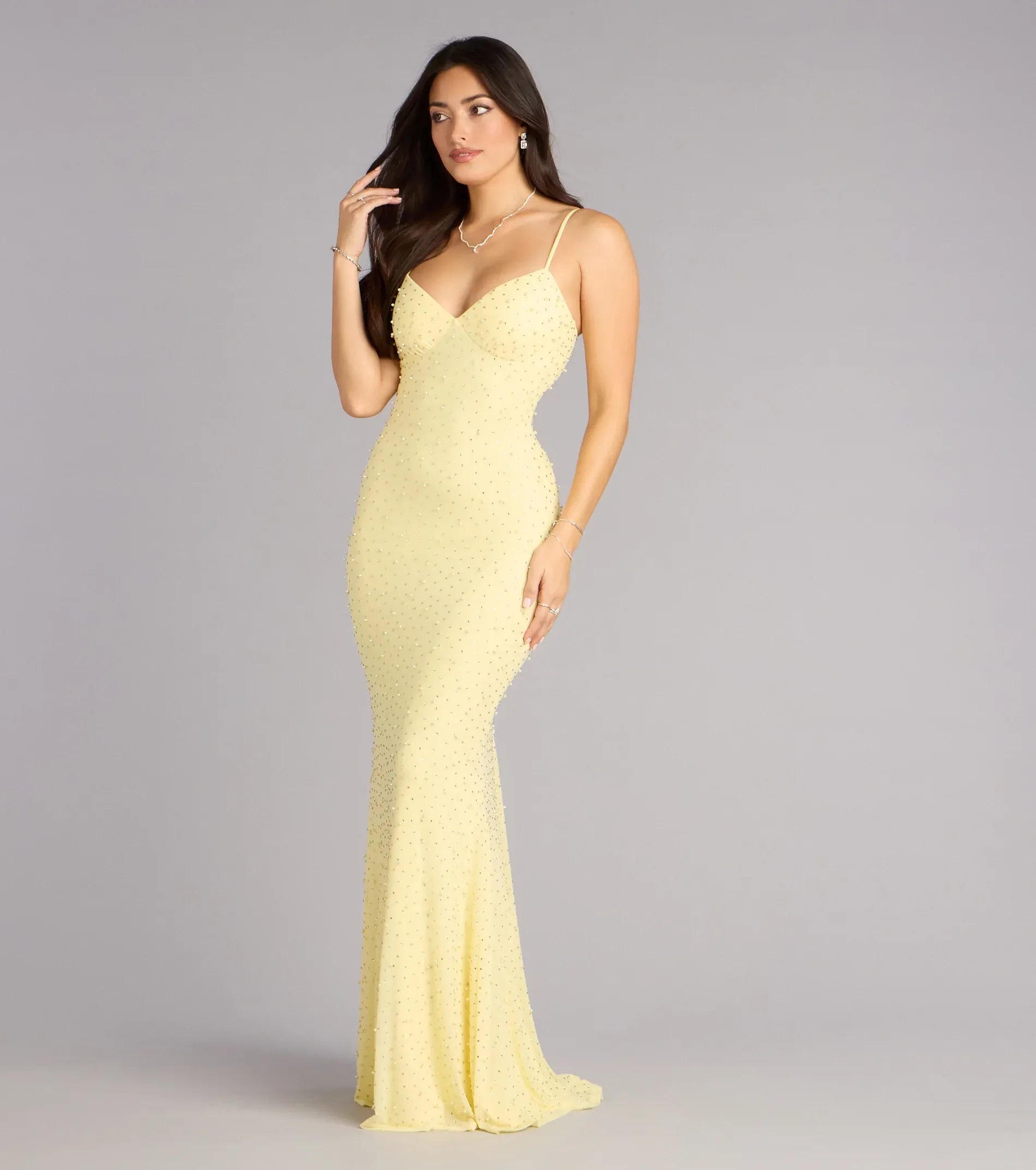 Pale Yellow Thin Spaghetti Strap V All Over Pearl Tie Back Mermaid Maxi Wedding Guest Dress