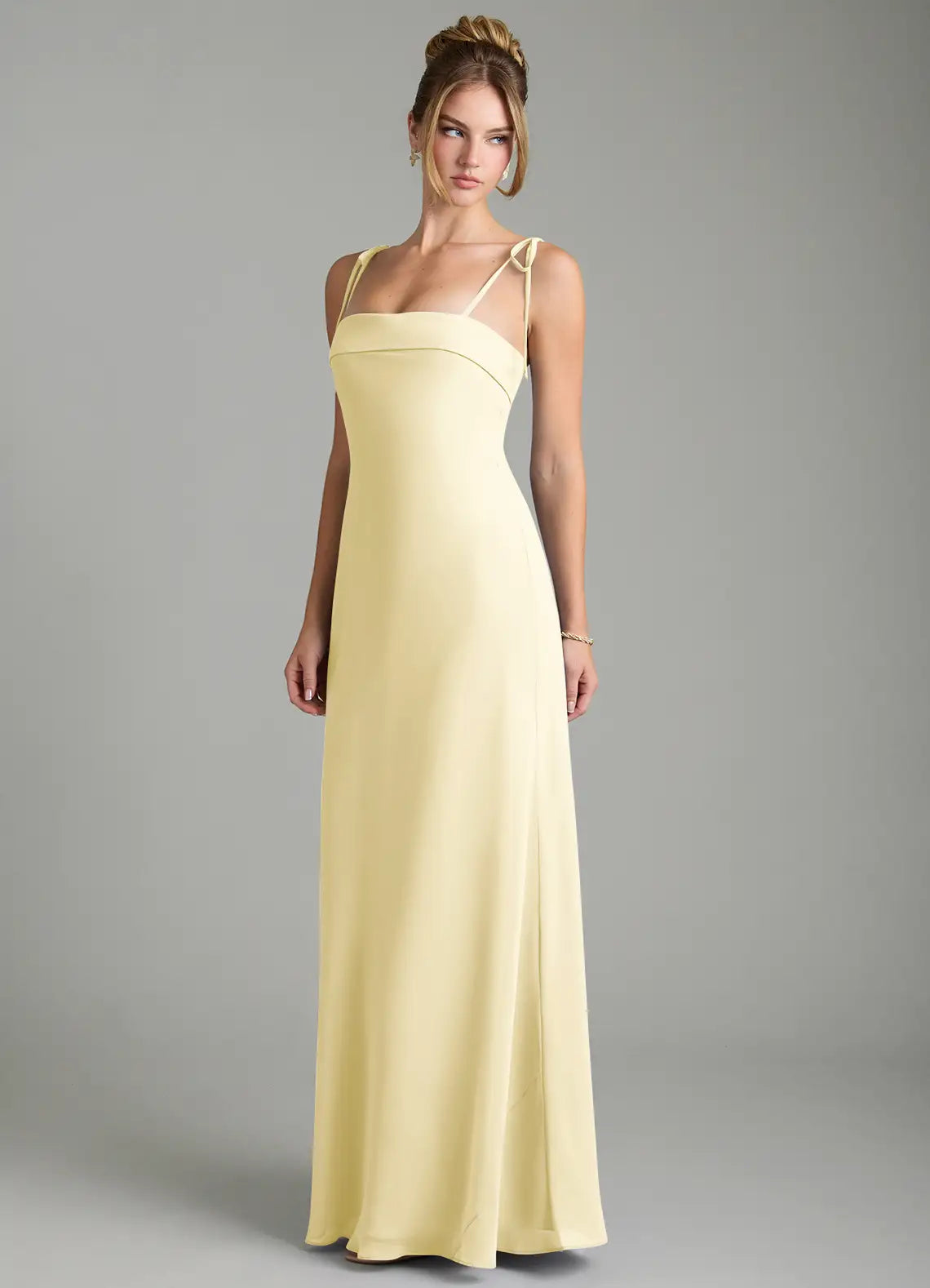 Pale Yellow Tie Spaghetti Strap Square Neck Mermaid Maxi Satin Bridesmaid Dress