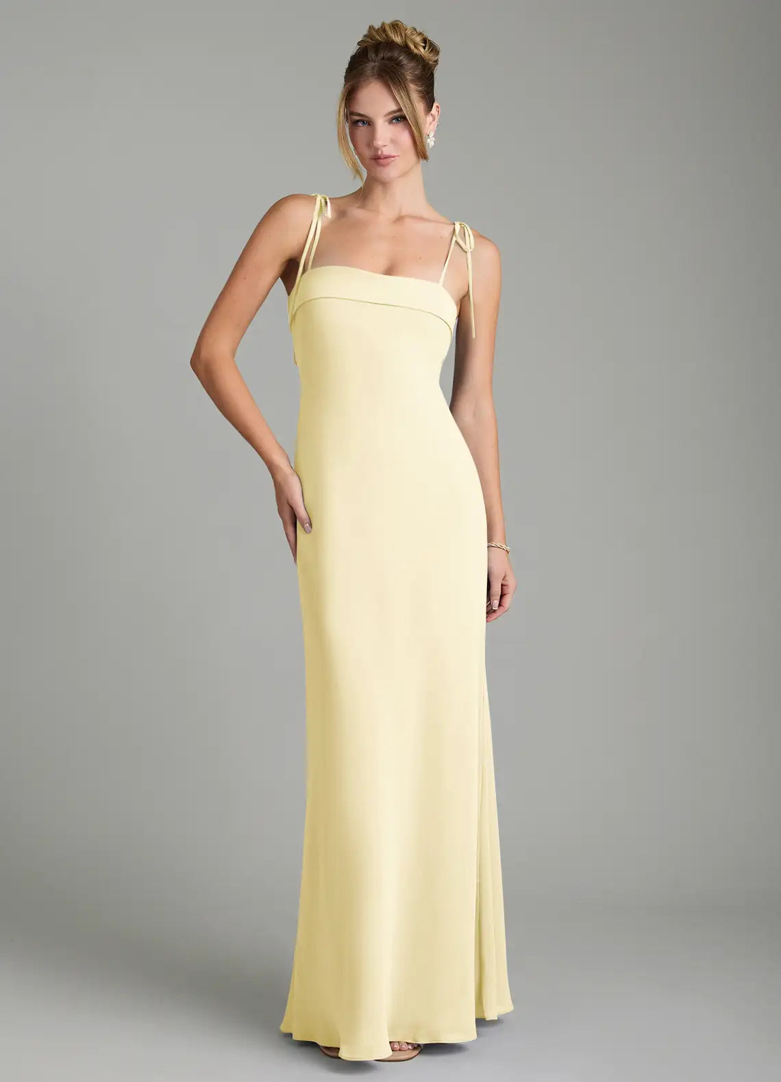 Pale Yellow Tie Spaghetti Strap Square Neck Mermaid Maxi Satin Bridesmaid Dress