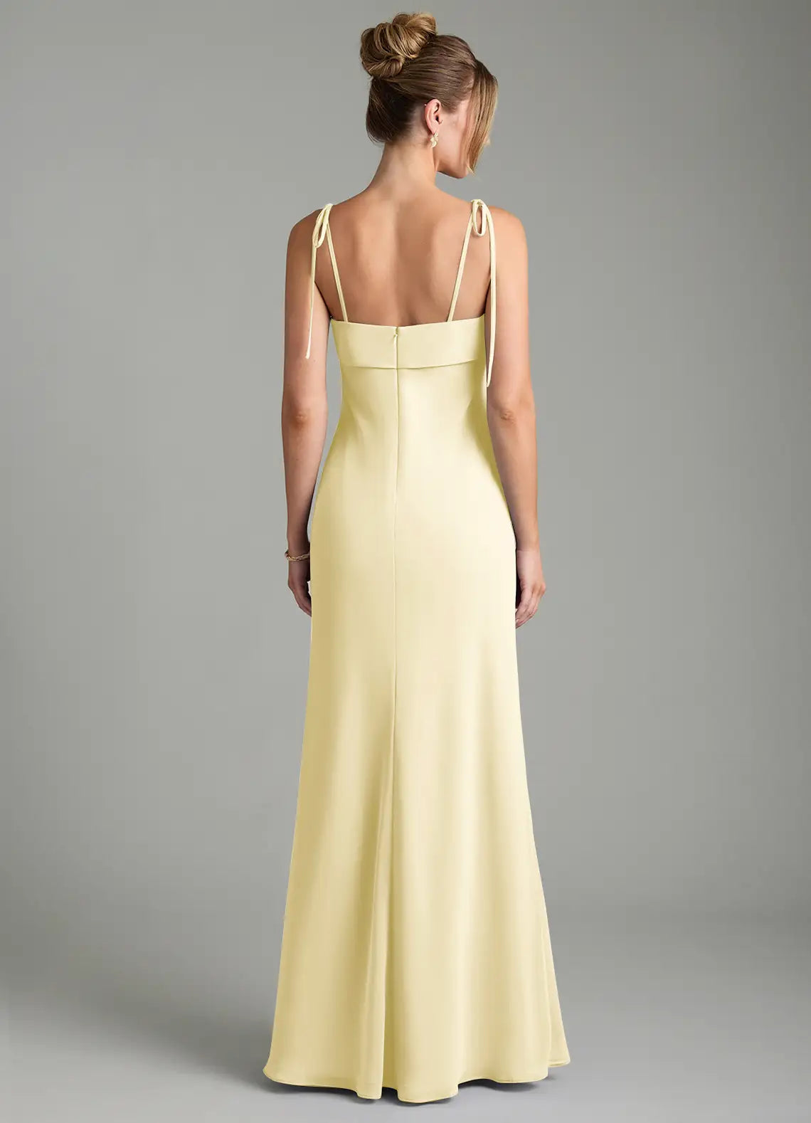 Pale Yellow Tie Spaghetti Strap Square Neck Mermaid Maxi Satin Bridesmaid Dress