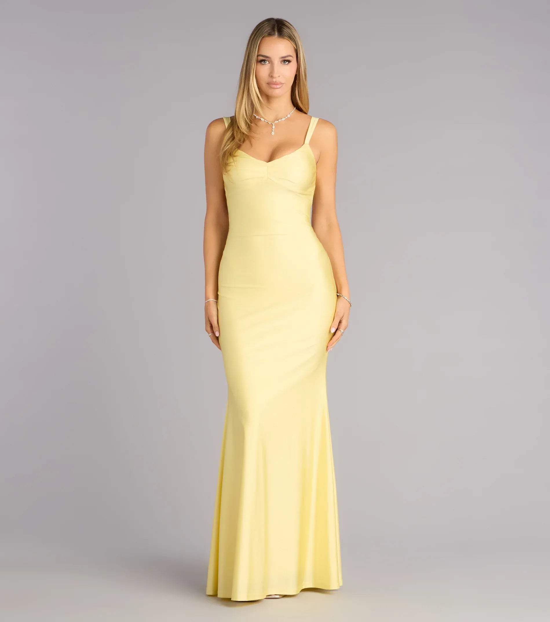 Pale Yellow Wide Strap Crisscross Back Ruched Satin Mermaid Maxi Wedding Guest Dress