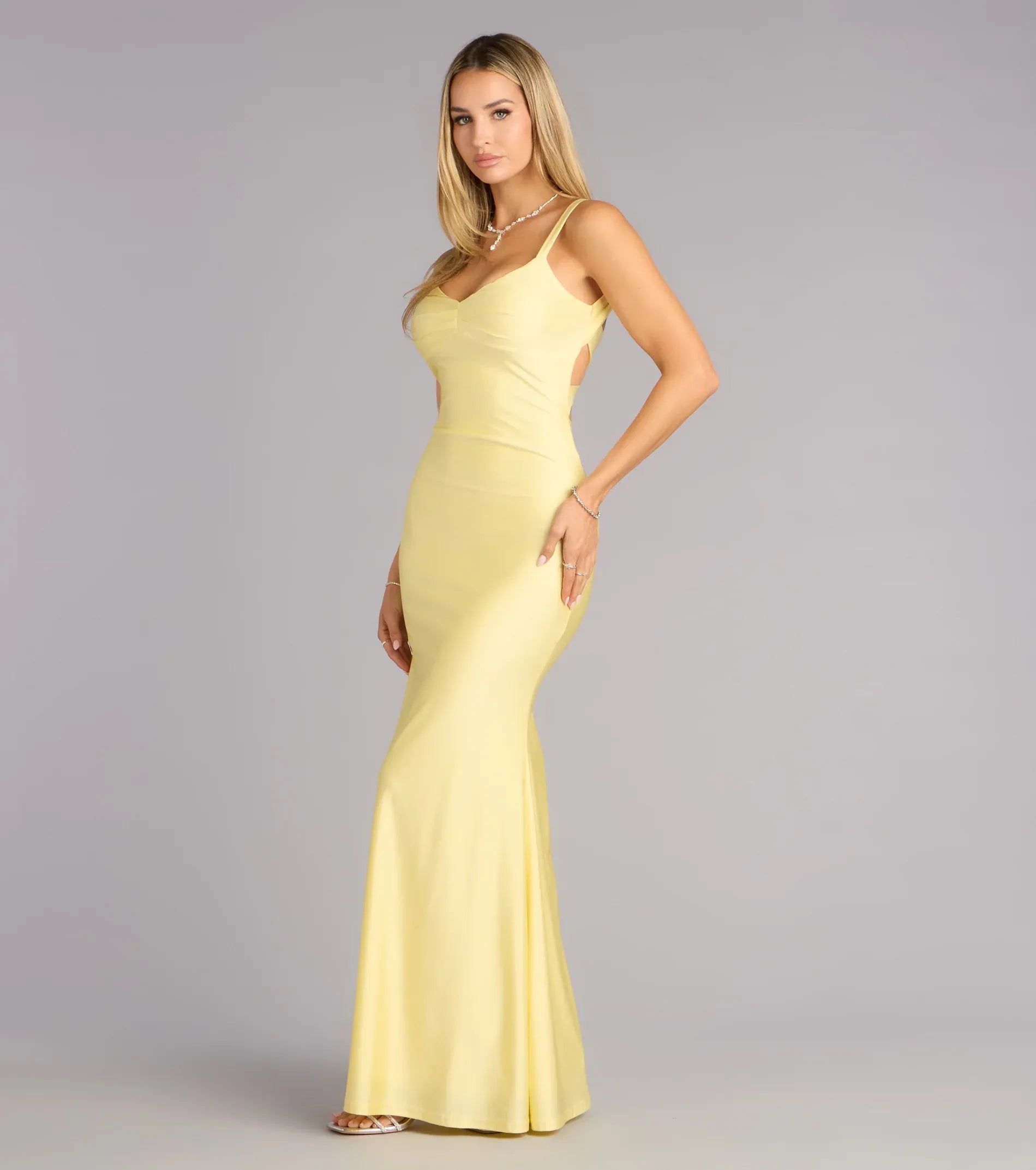 Pale Yellow Wide Strap Crisscross Back Ruched Satin Mermaid Maxi Wedding Guest Dress
