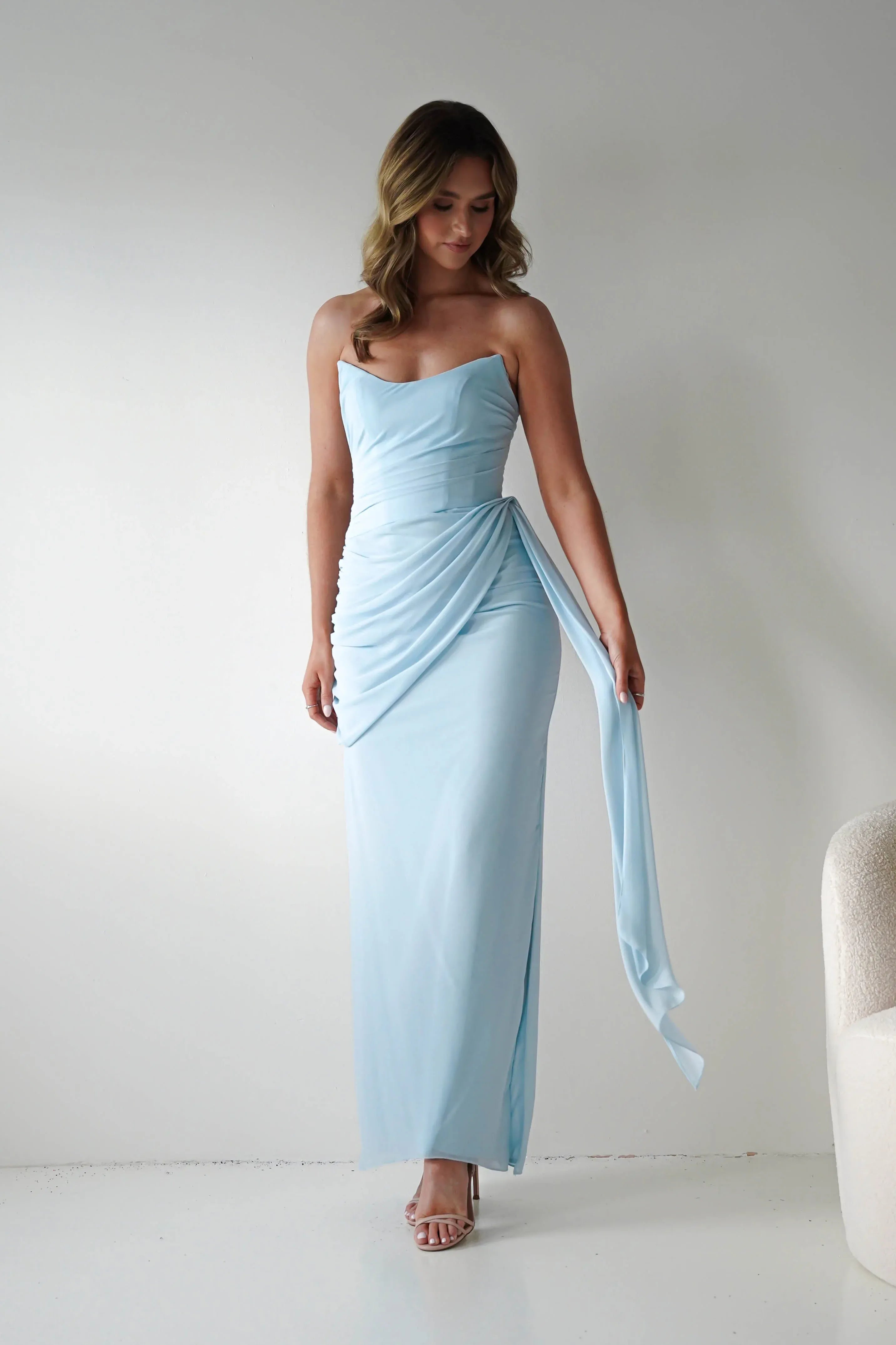 Pale Blue Strapless Chiffon Bridesmaid Dress with Lace-Up Back and Side Drape