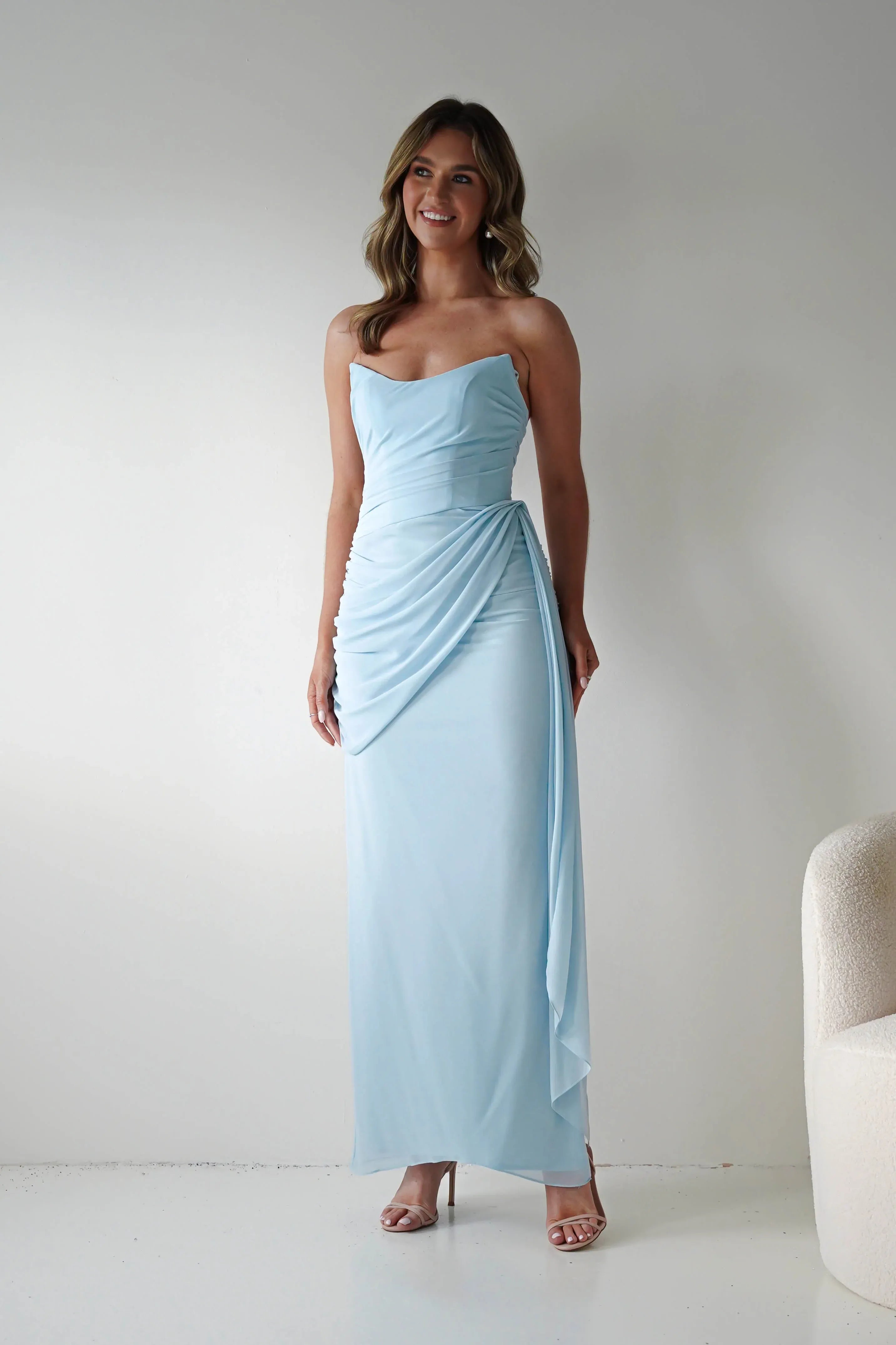 Pale Blue Strapless Chiffon Bridesmaid Dress with Lace-Up Back and Side Drape