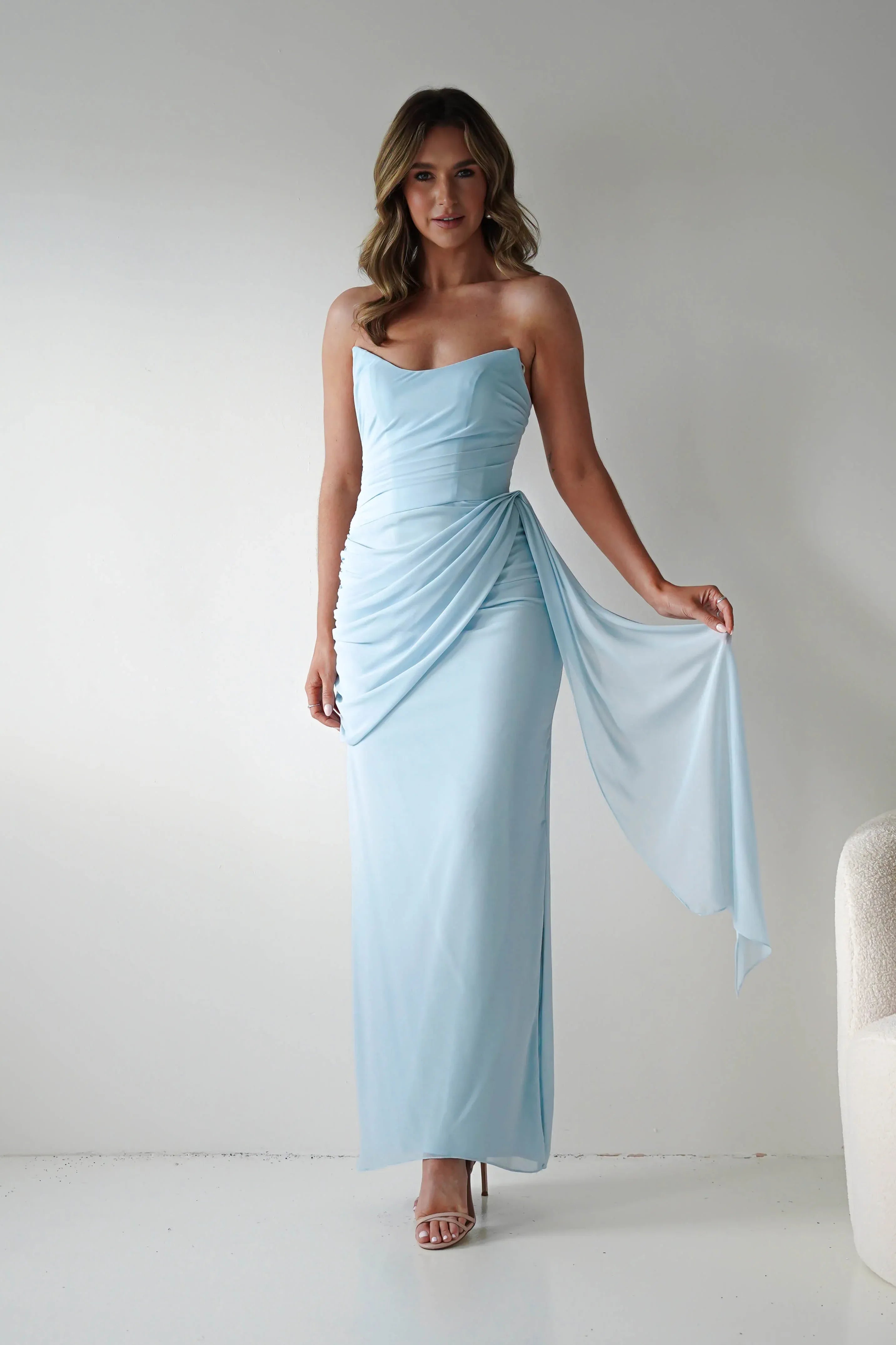Pale Blue Strapless Chiffon Bridesmaid Dress with Lace-Up Back and Side Drape