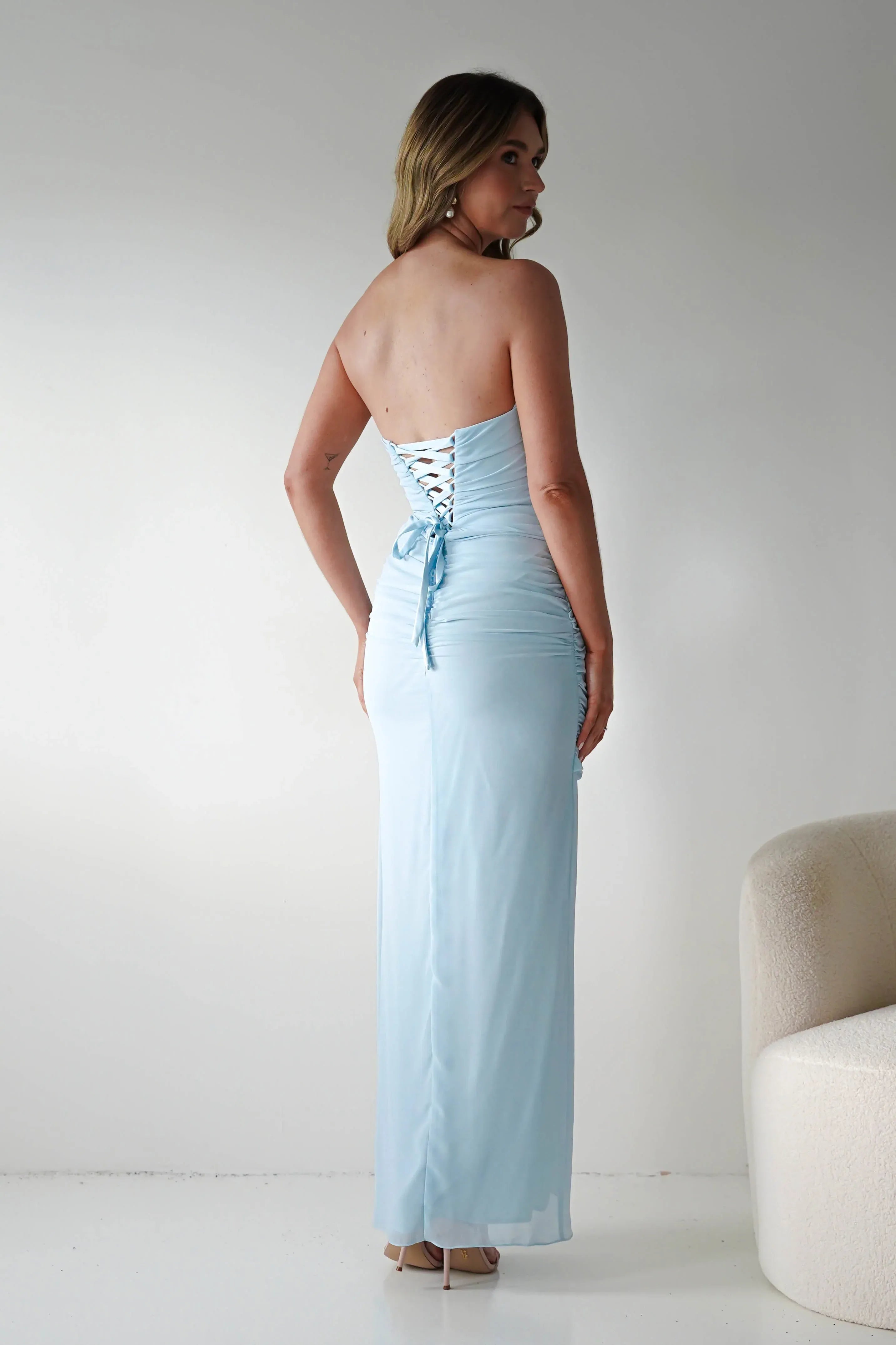 Pale Blue Strapless Chiffon Bridesmaid Dress with Lace-Up Back and Side Drape