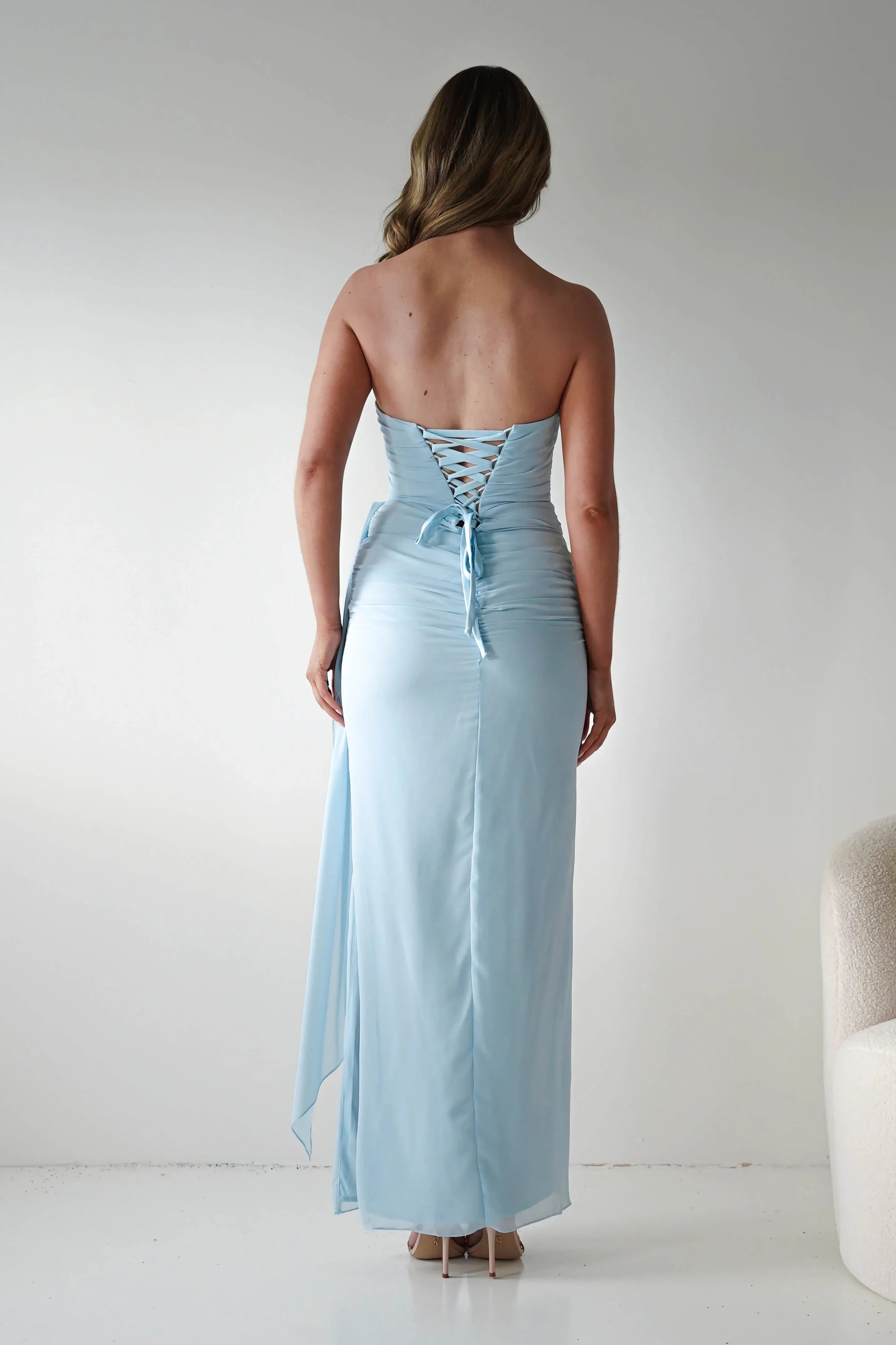 Pale Blue Strapless Chiffon Bridesmaid Dress with Lace-Up Back and Side Drape