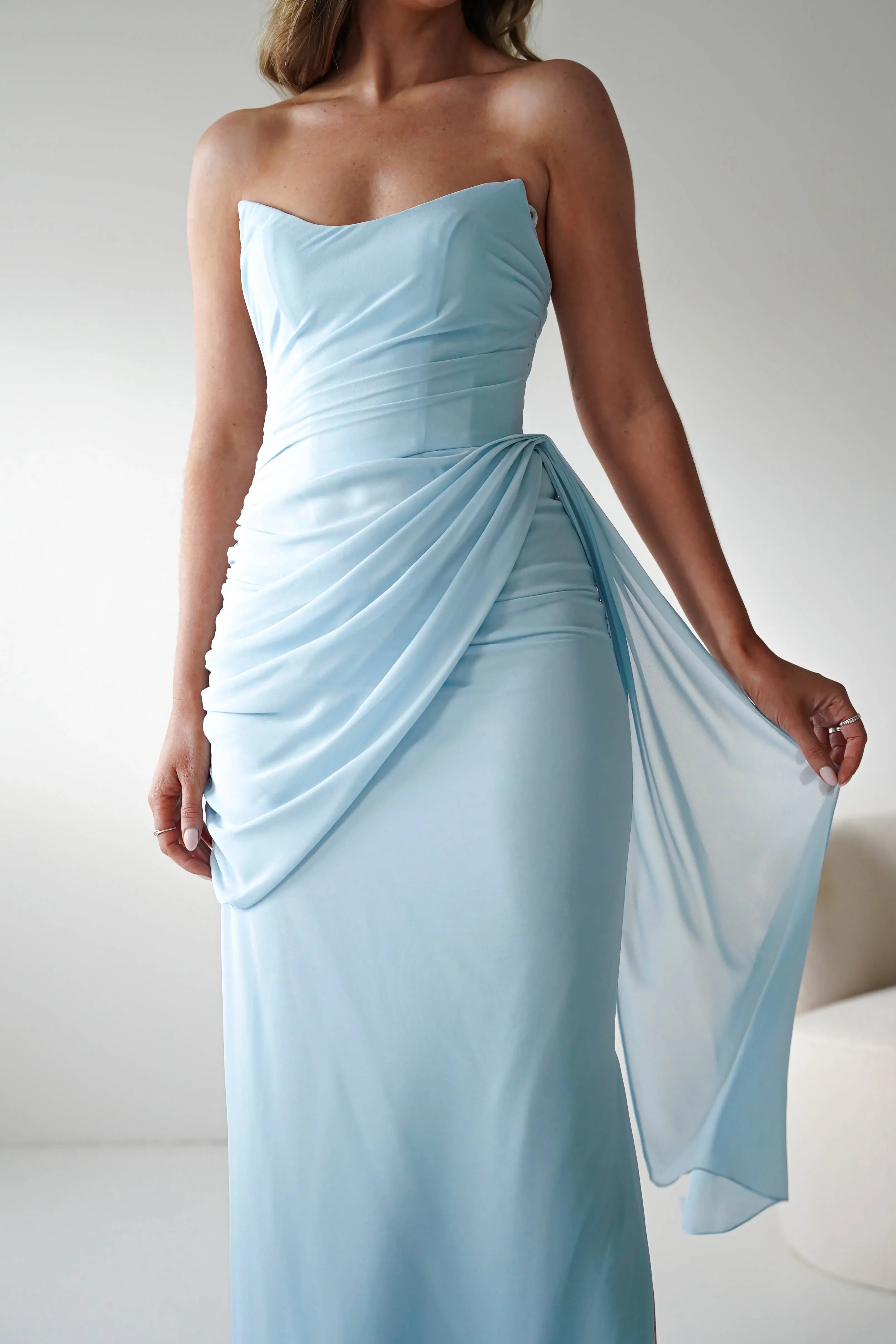 Pale Blue Strapless Chiffon Bridesmaid Dress with Lace-Up Back and Side Drape