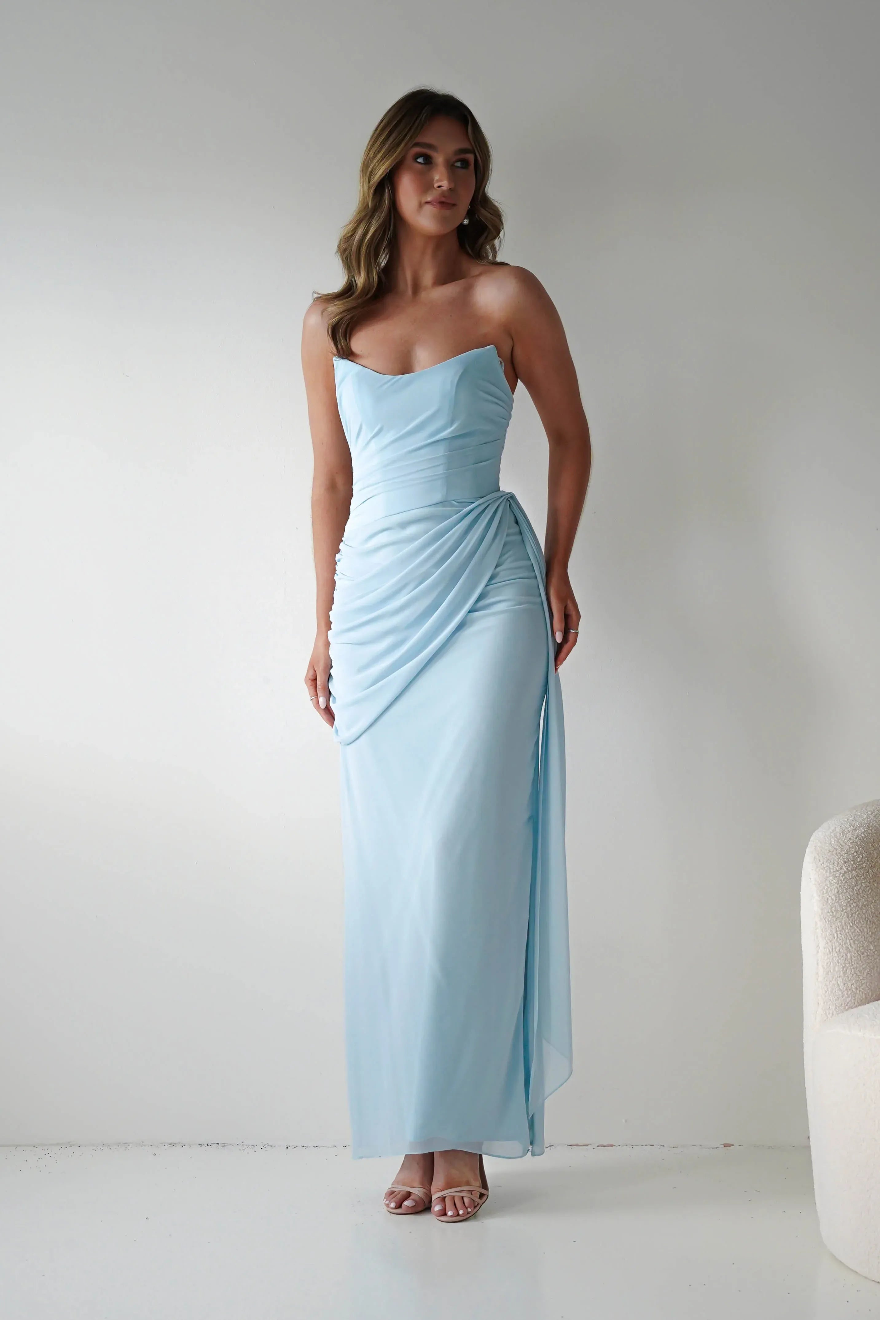 Pale Blue Strapless Chiffon Bridesmaid Dress with Lace-Up Back and Side Drape