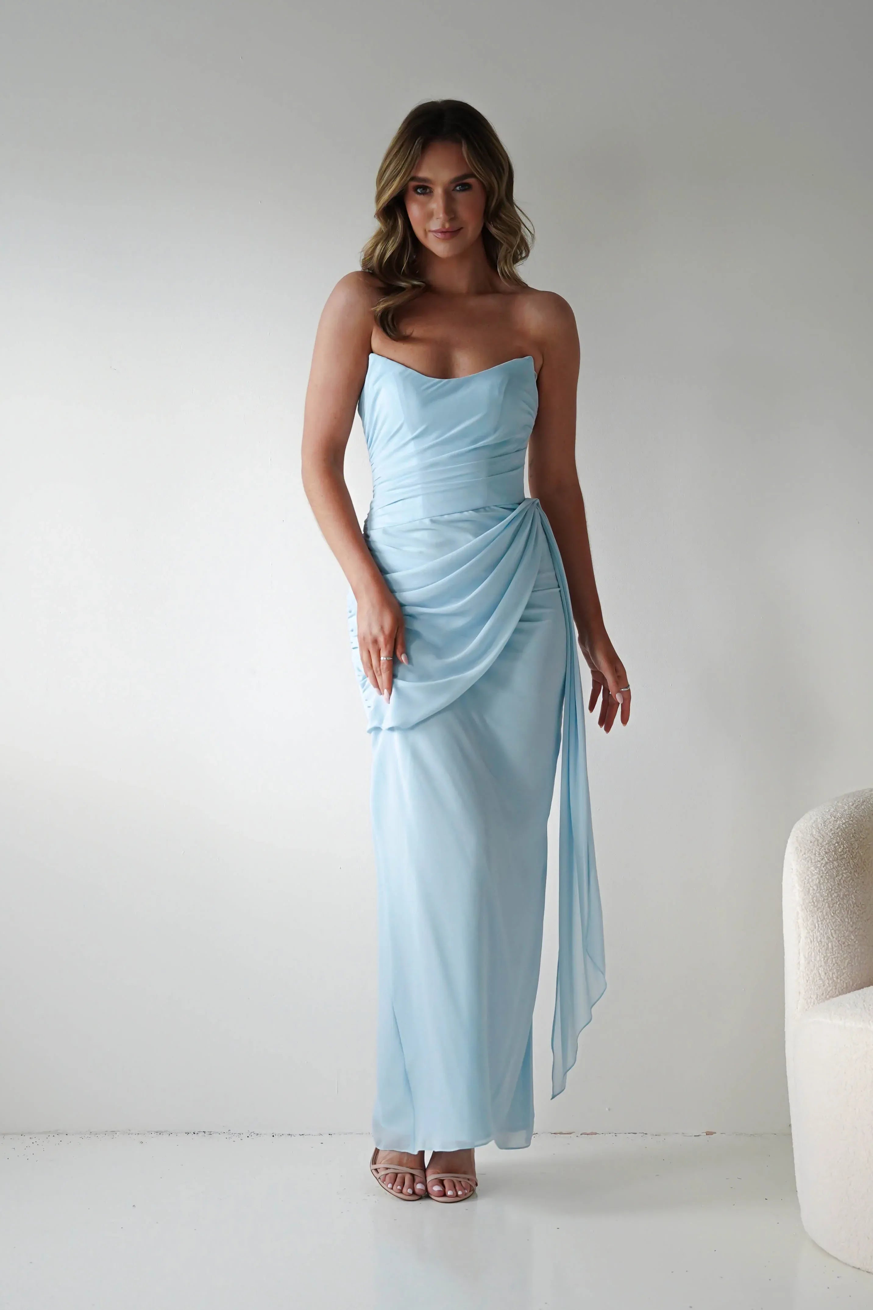 Pale Blue Strapless Chiffon Bridesmaid Dress with Lace-Up Back and Side Drape