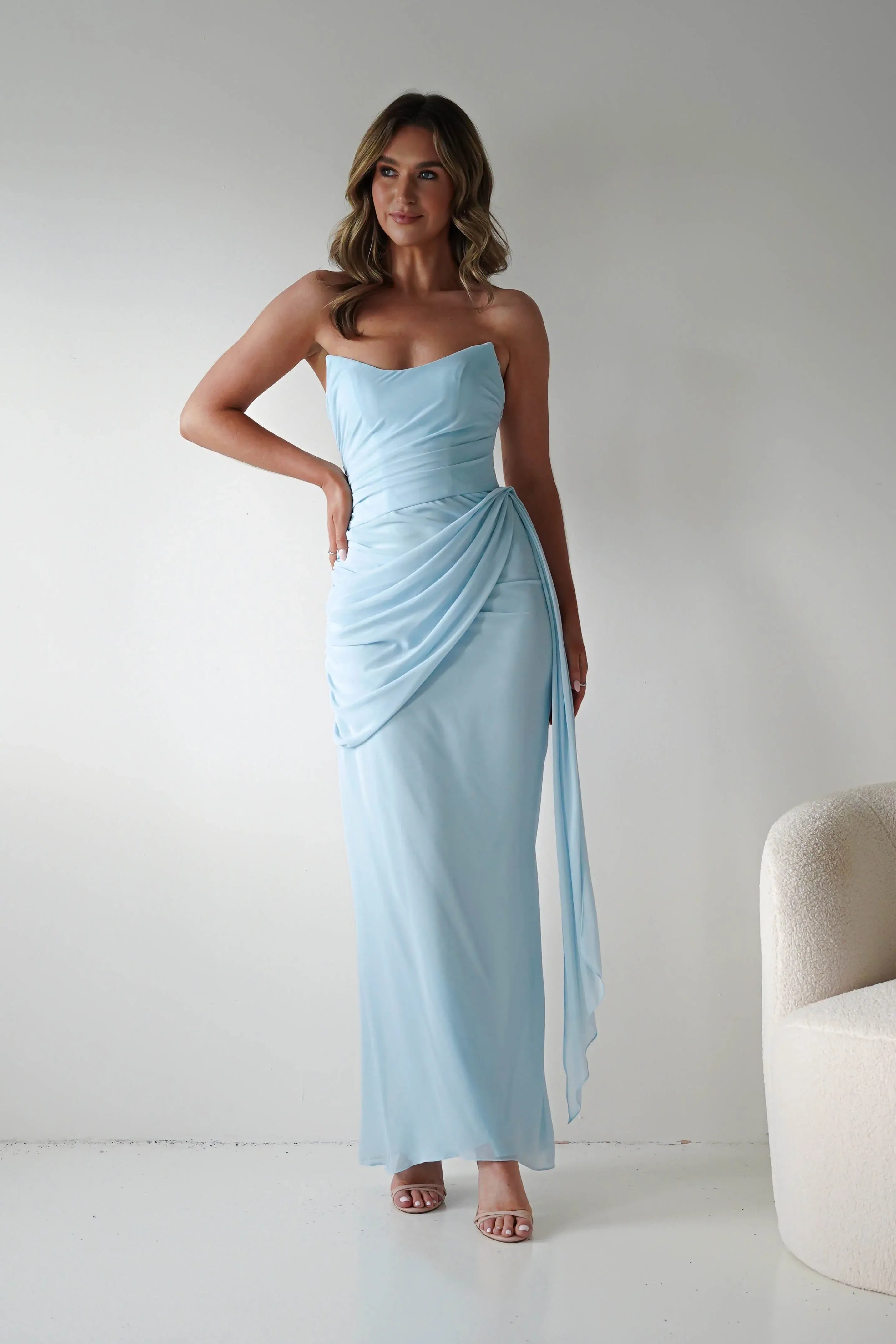 Pale Blue Strapless Chiffon Bridesmaid Dress with Lace-Up Back and Side Drape