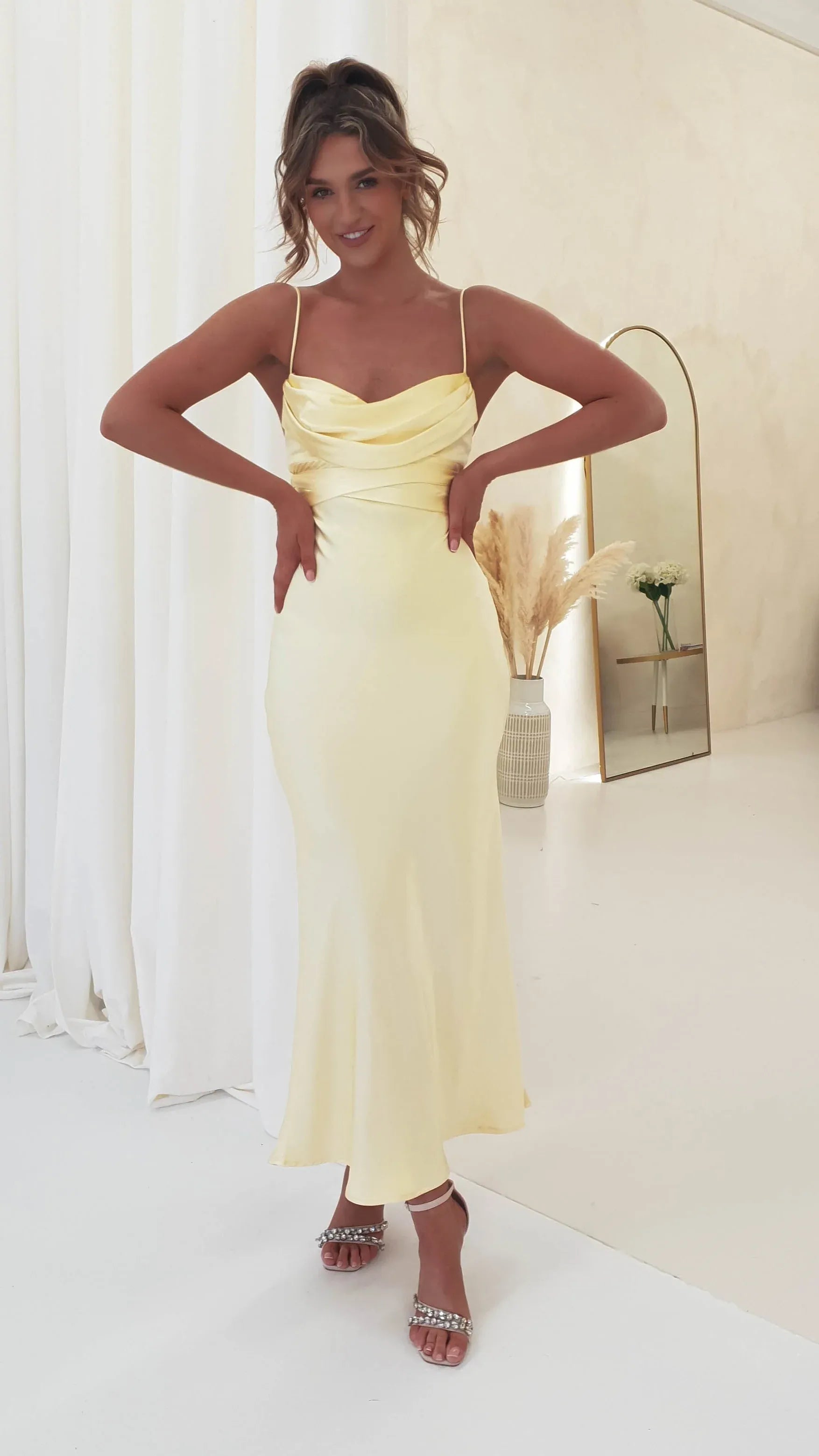 Pale Yellow Cowl Neck Satin Bridesmaid Dress with Tie Back Midi Skirt