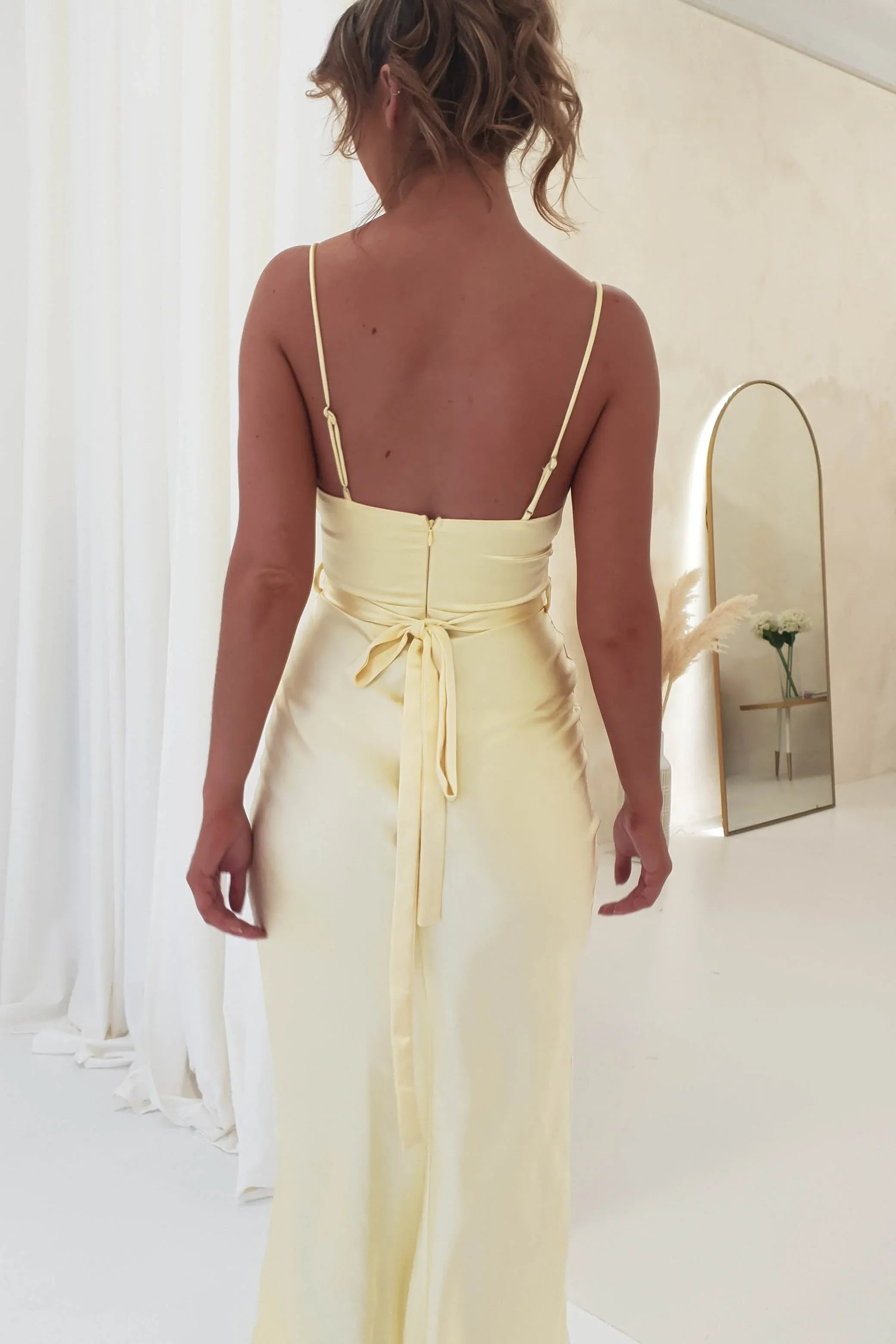 Pale Yellow Cowl Neck Satin Bridesmaid Dress with Tie Back Midi Skirt