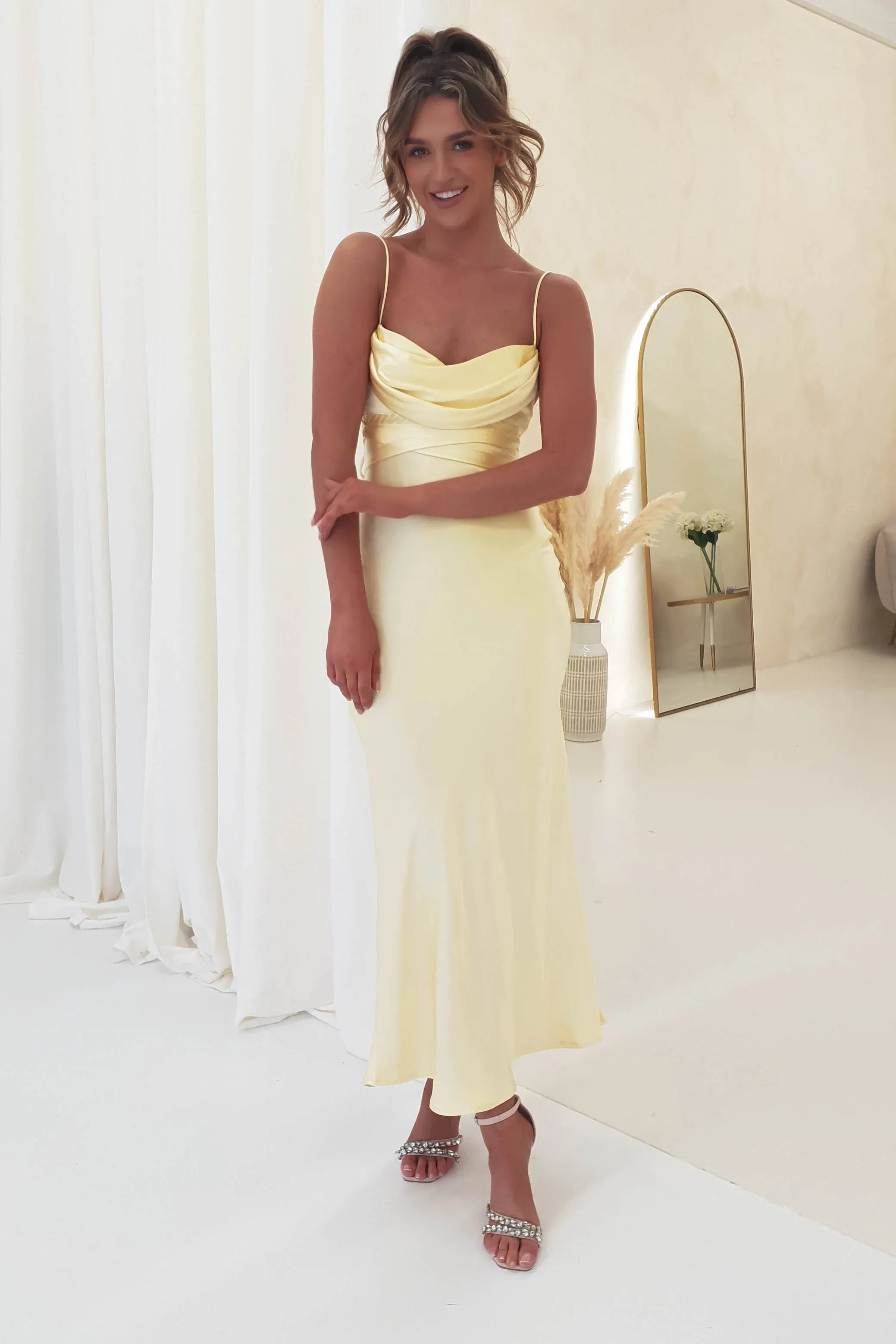 Pale Yellow Cowl Neck Satin Bridesmaid Dress with Tie Back Midi Skirt