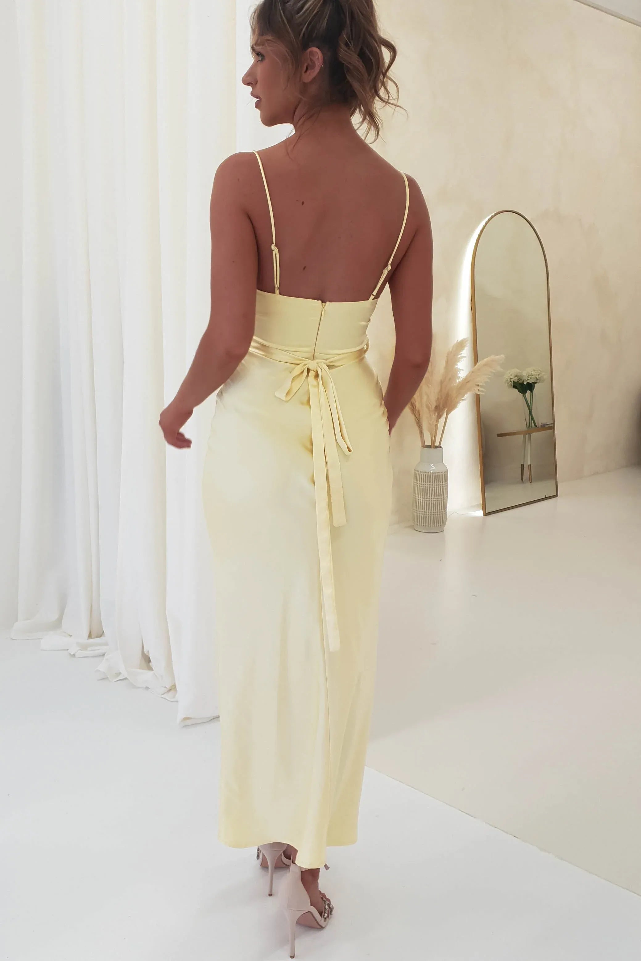 Pale Yellow Cowl Neck Satin Bridesmaid Dress with Tie Back Midi Skirt