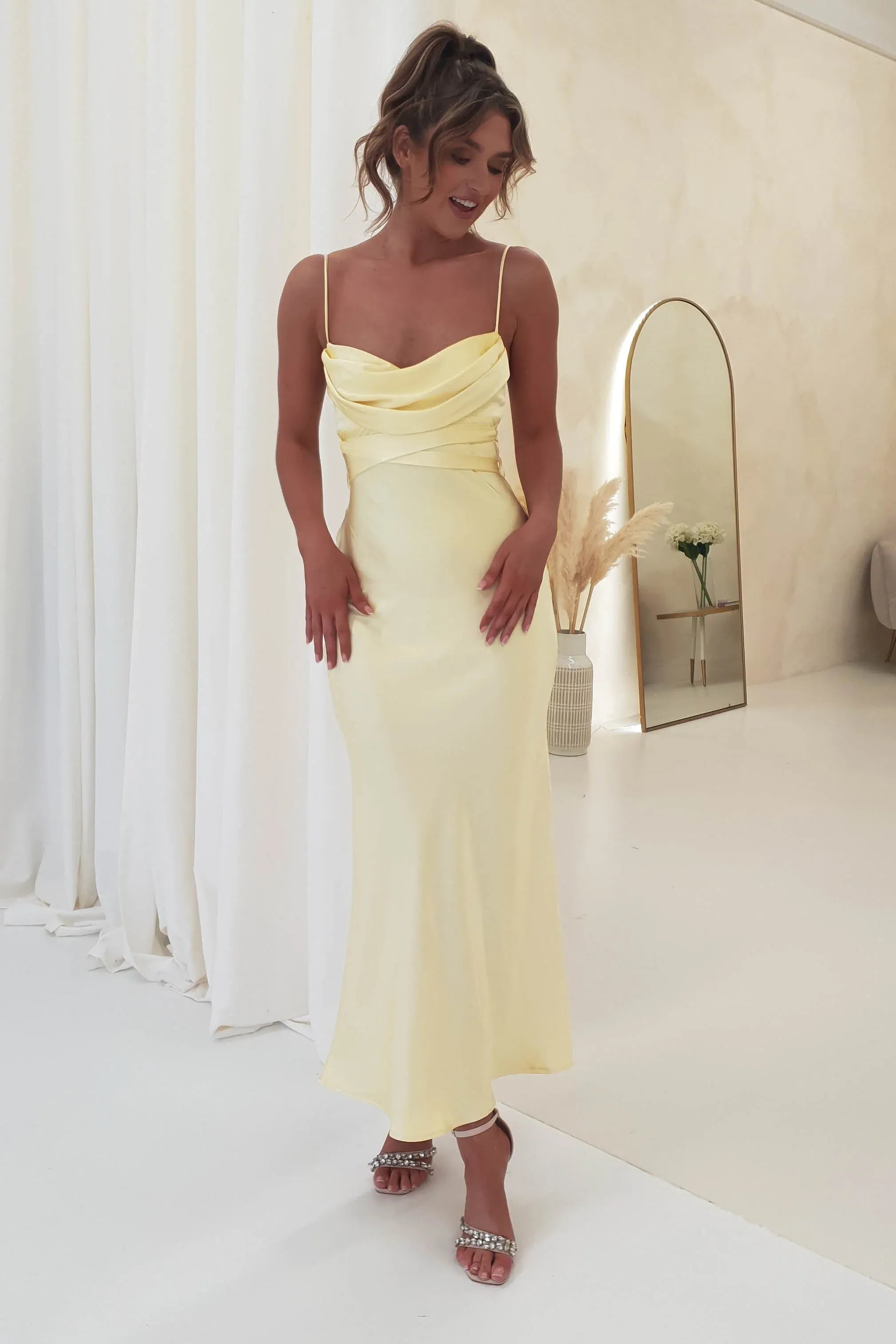 Pale Yellow Cowl Neck Satin Bridesmaid Dress with Tie Back Midi Skirt