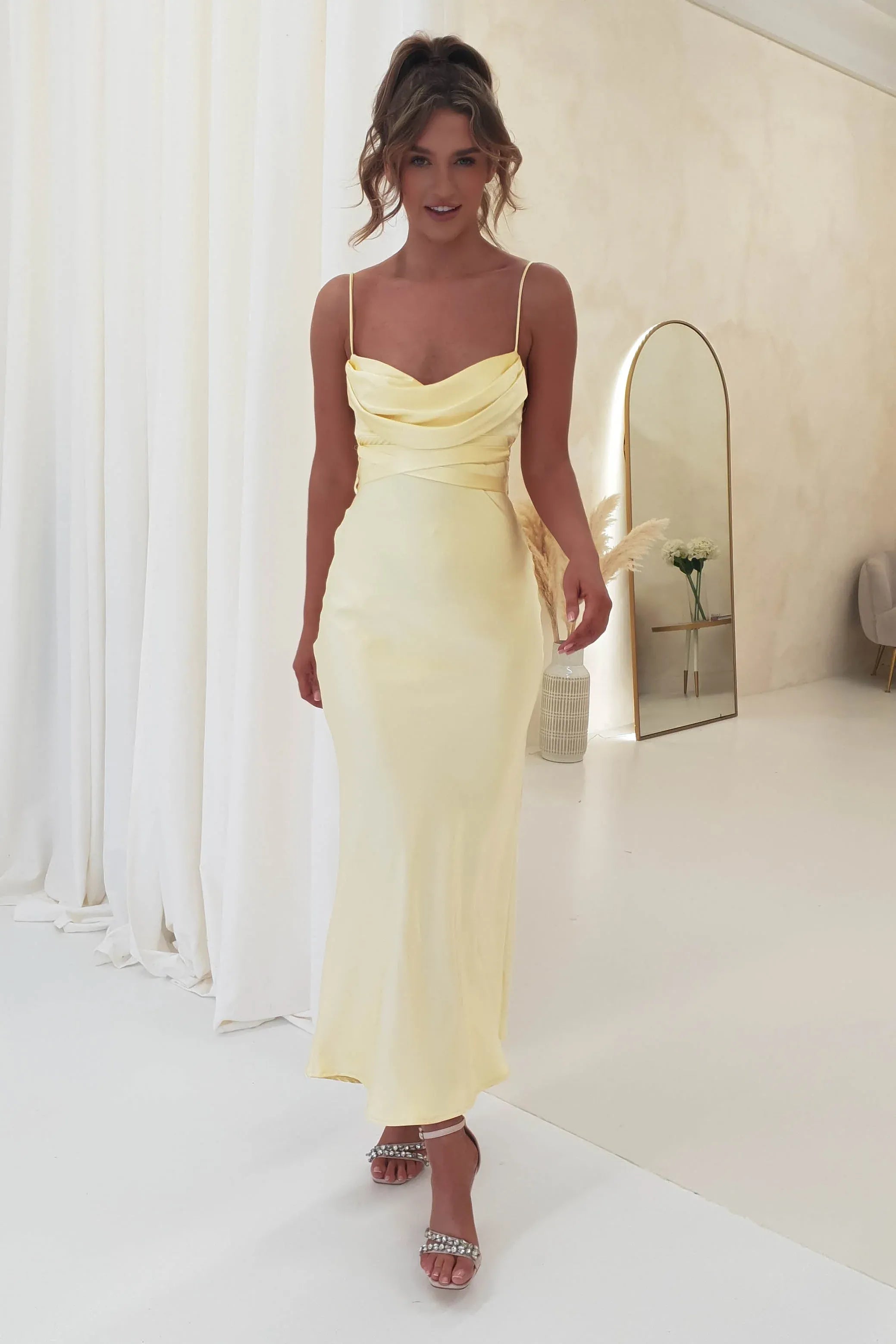 Pale Yellow Cowl Neck Satin Bridesmaid Dress with Tie Back Midi Skirt