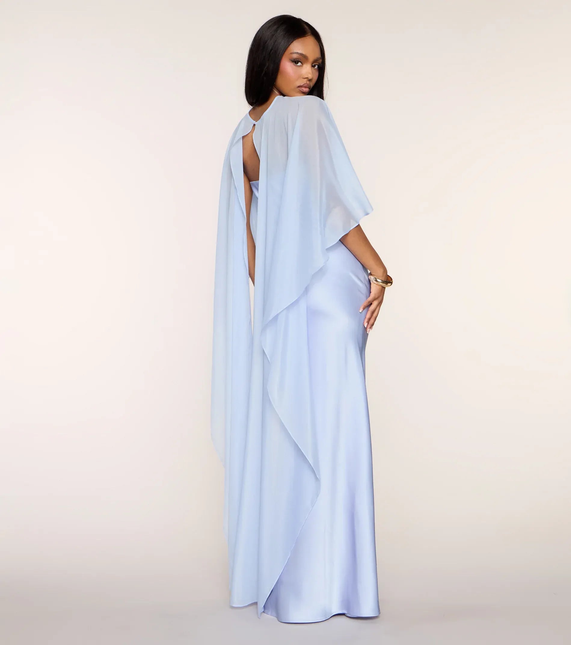Pastel Blue High Neck Chiffon Cape Overlay Satin Mermaid Maxi Bridesmaid Dress