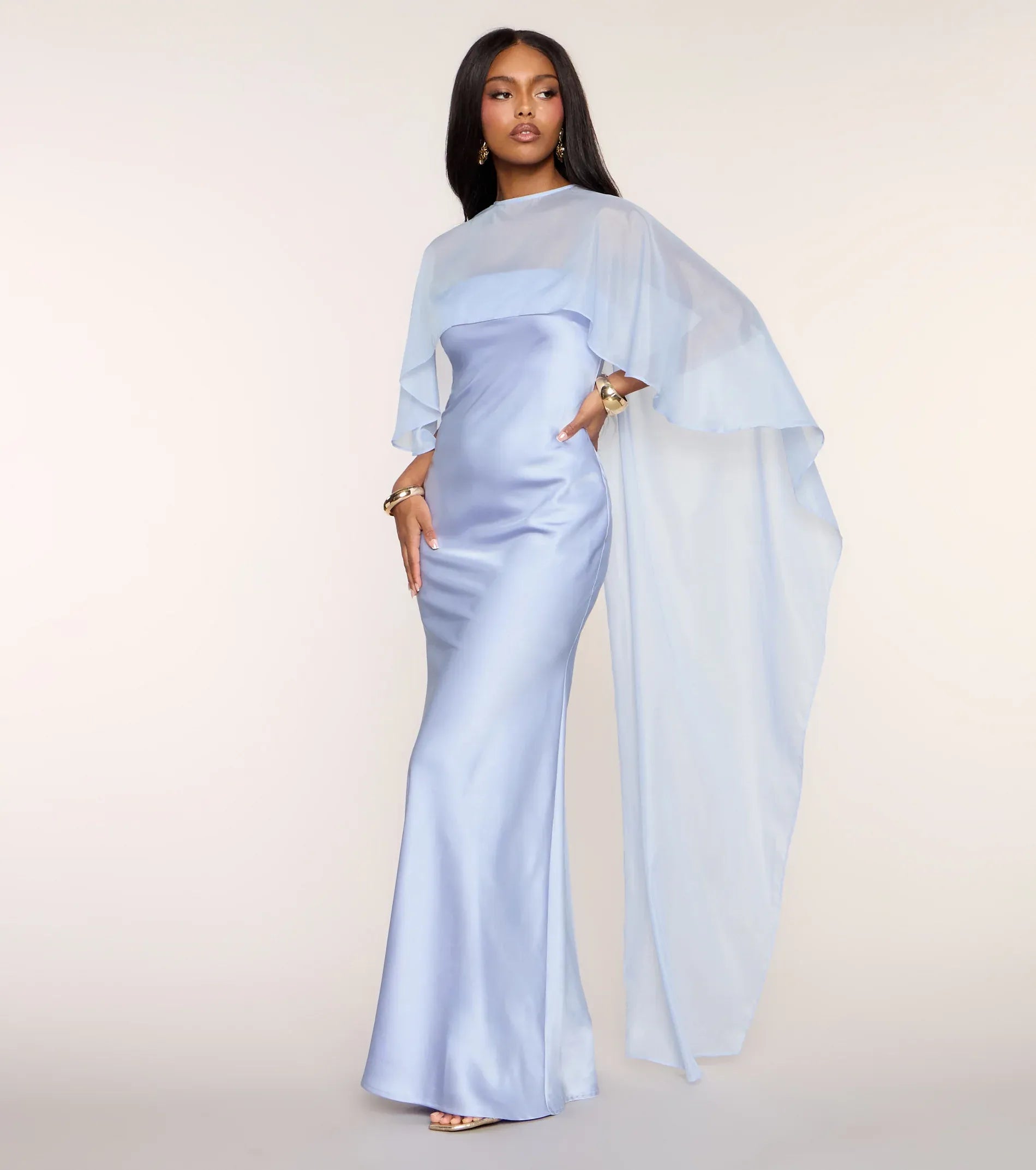 Pastel Blue High Neck Chiffon Cape Overlay Satin Mermaid Maxi Bridesmaid Dress