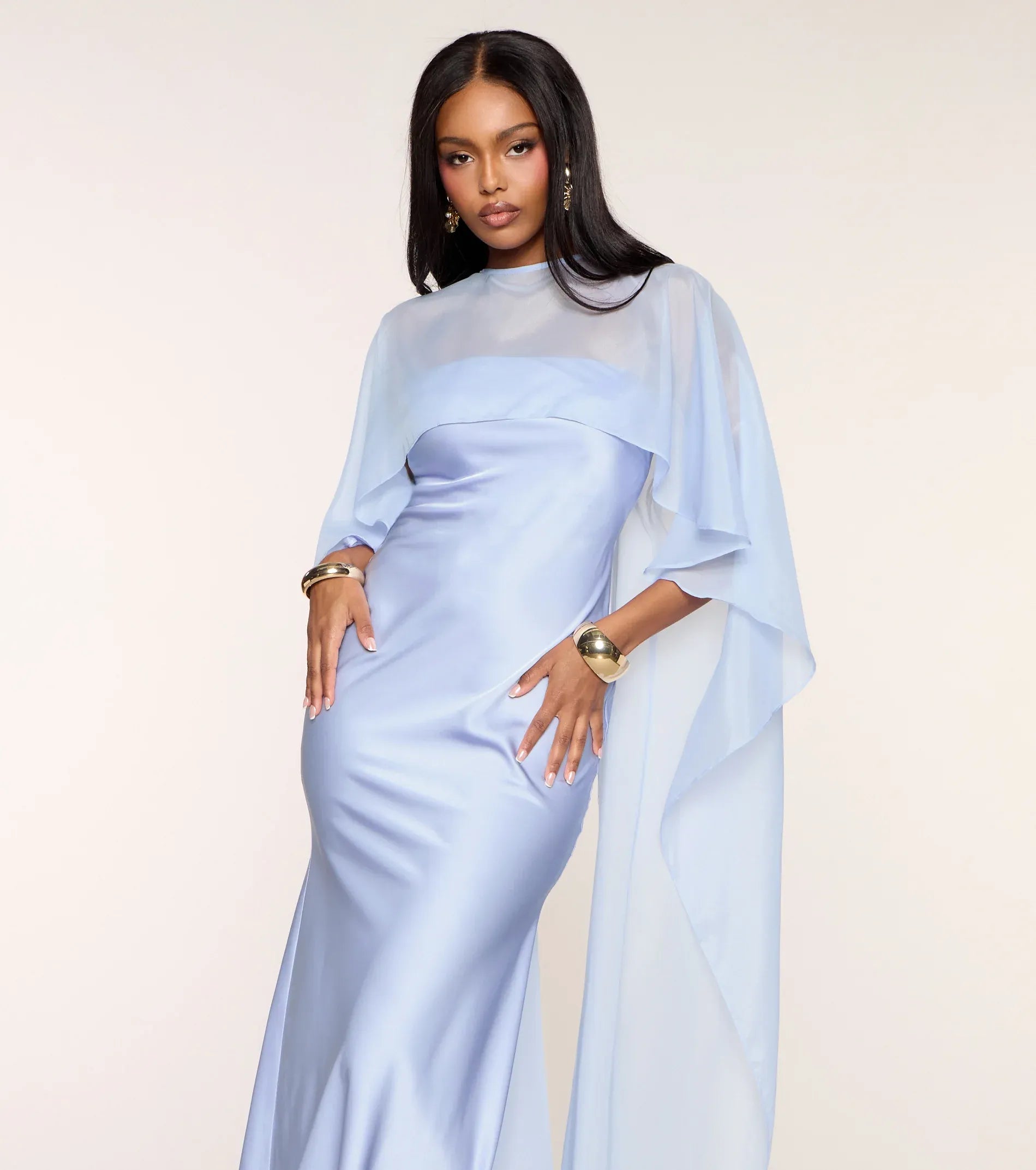Pastel Blue High Neck Chiffon Cape Overlay Satin Mermaid Maxi Bridesmaid Dress