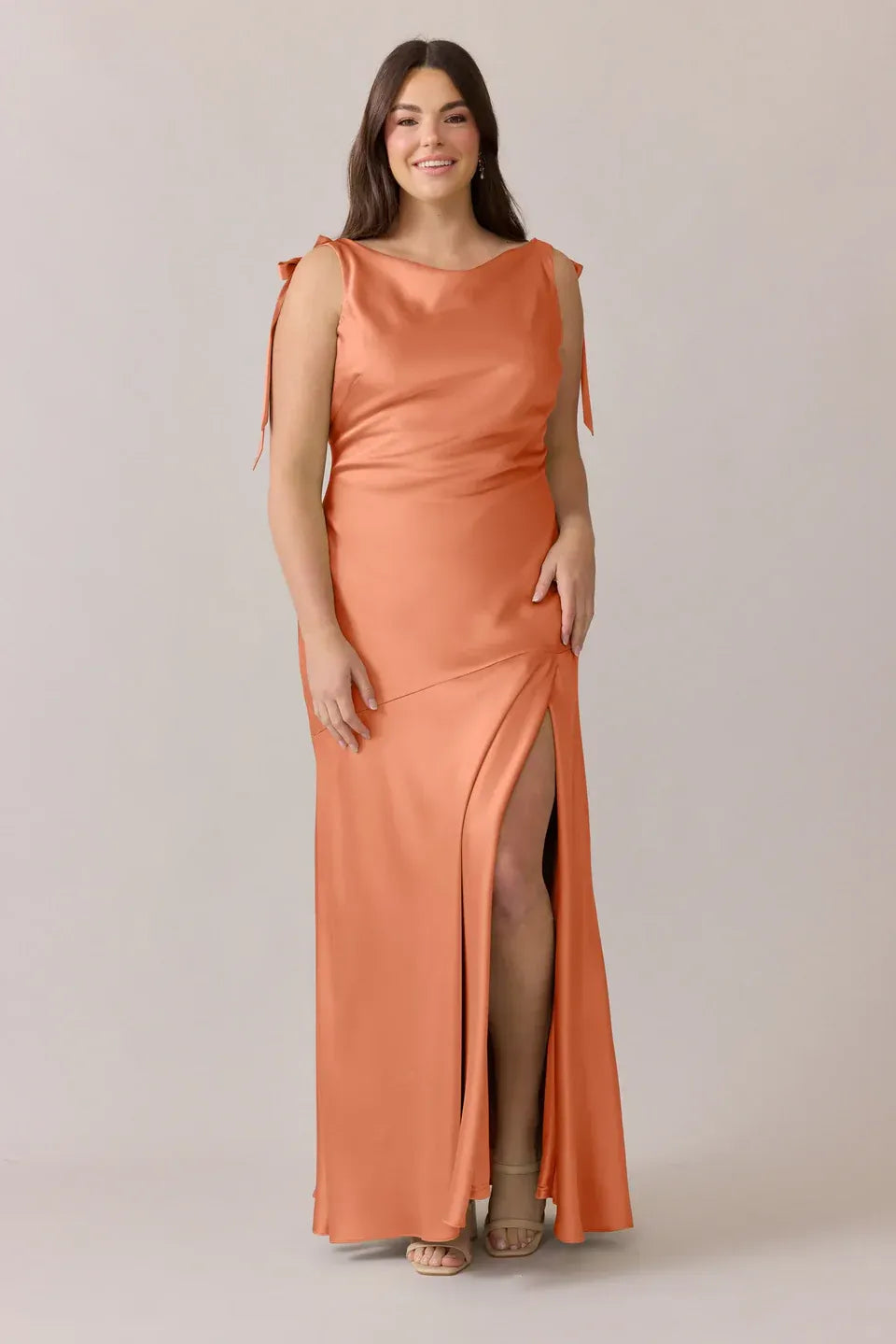 Peach Boat Neck Bow Strap Cowl Back High Slit Satin Bridesmaid Dress