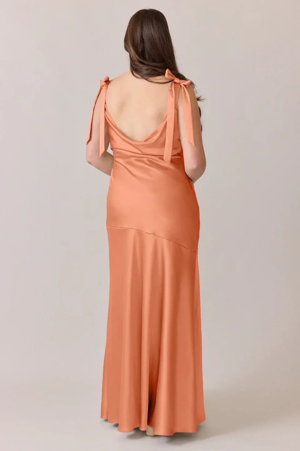 Peach Boat Neck Bow Strap Cowl Back High Slit Satin Bridesmaid Dress