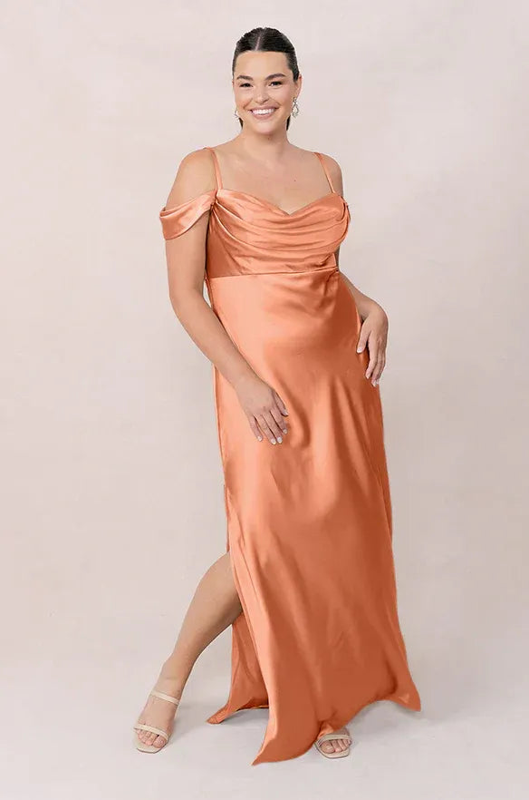Peach Cold Shoulder Cowl Neck High Slit Satin Bridesmaid Dress