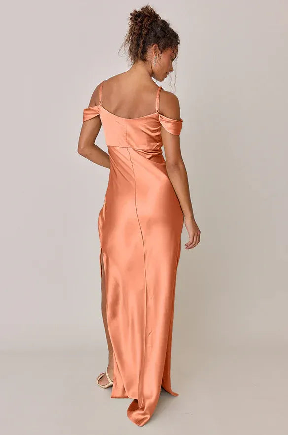 Peach Cold Shoulder Cowl Neck High Slit Satin Bridesmaid Dress