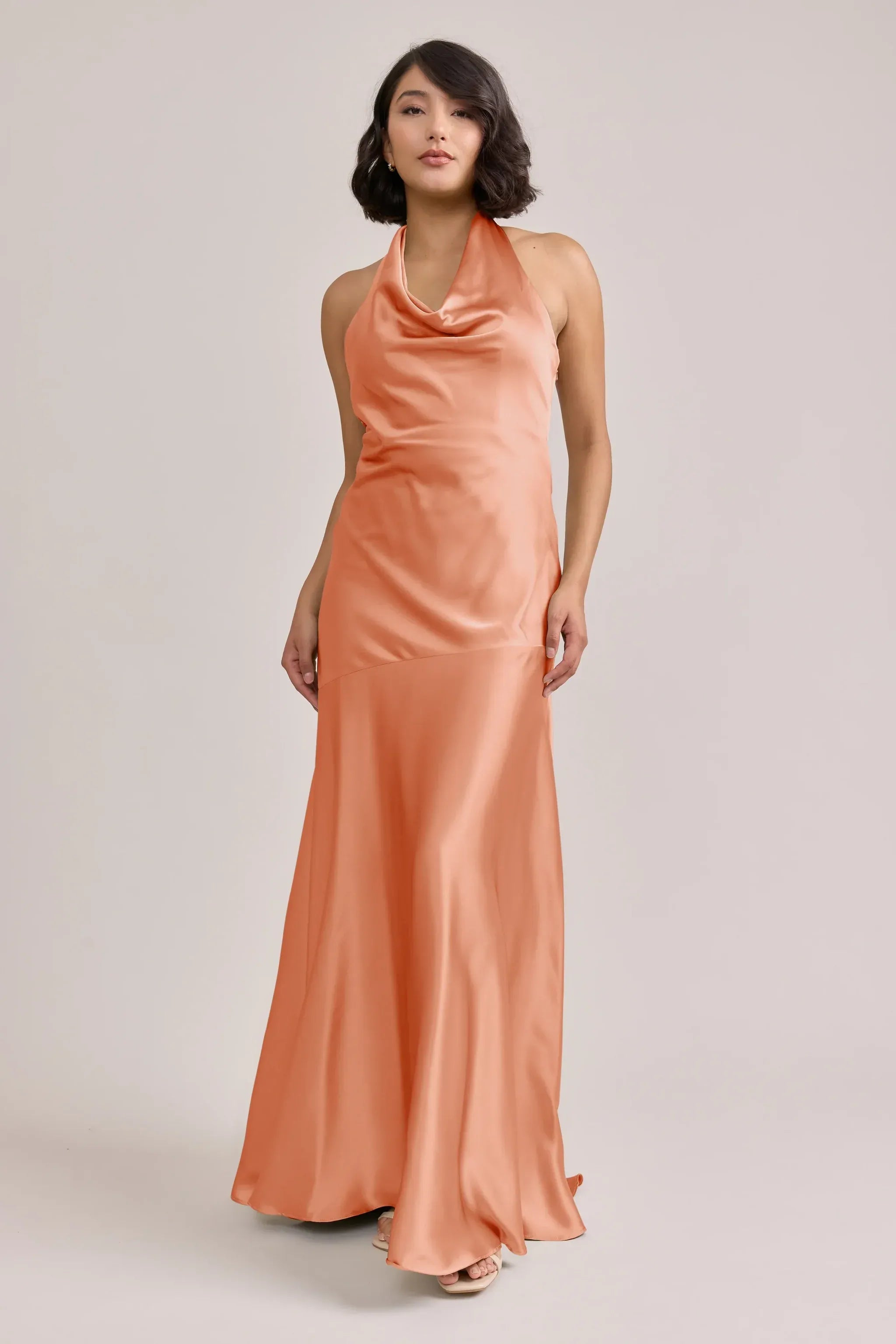 Peach Halter Cowl Neck Bow Back Satin Bridesmaid Dress