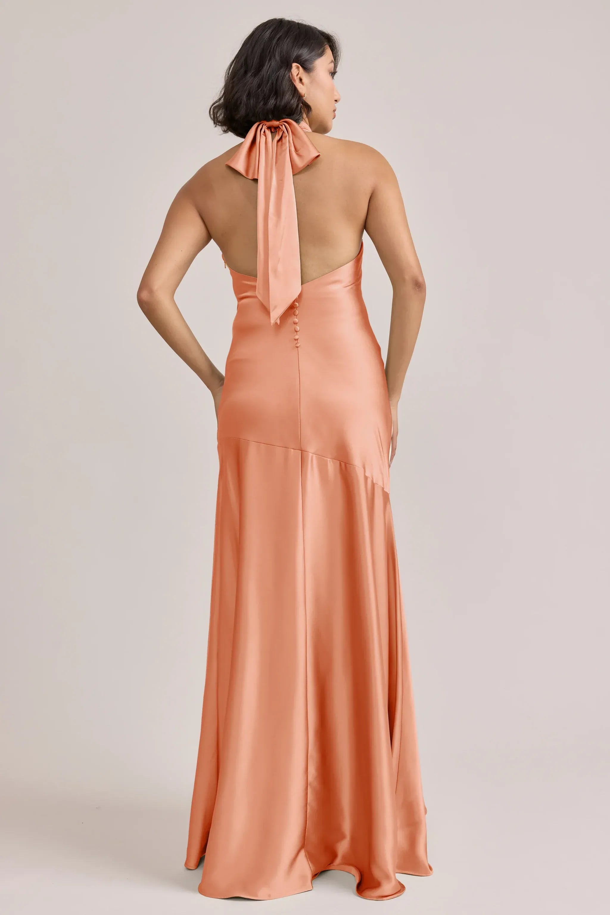 Peach Halter Cowl Neck Bow Back Satin Bridesmaid Dress