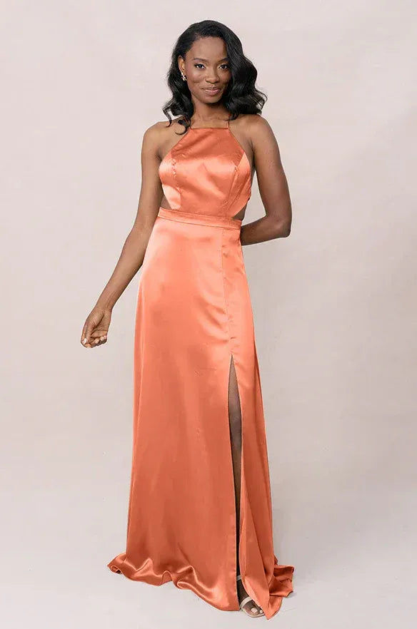 Peach Halter Cutout Open Back High Slit Satin Bridesmaid Dress